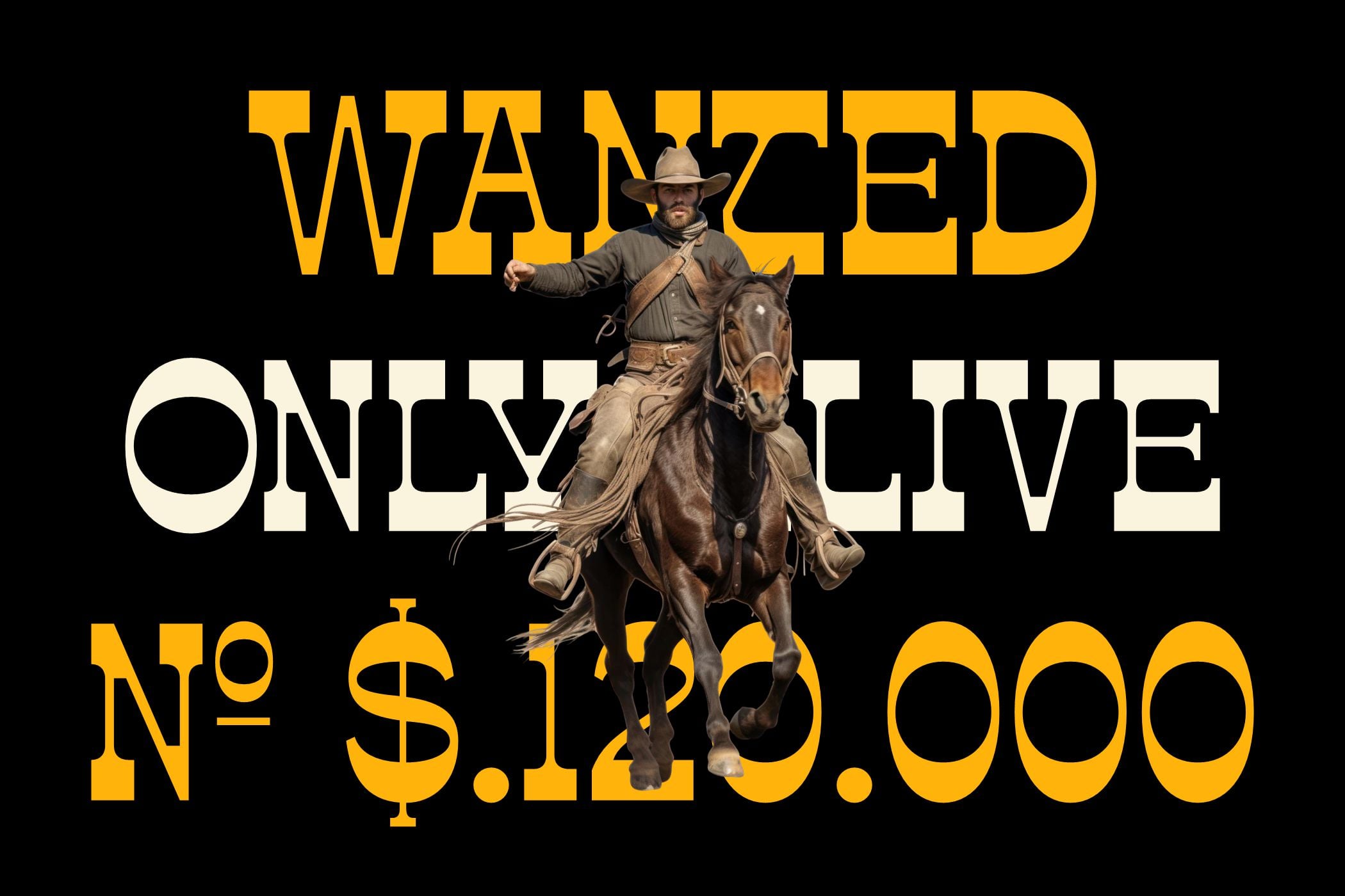 Wanted poster with cowboy on horseback yellow black vintage style