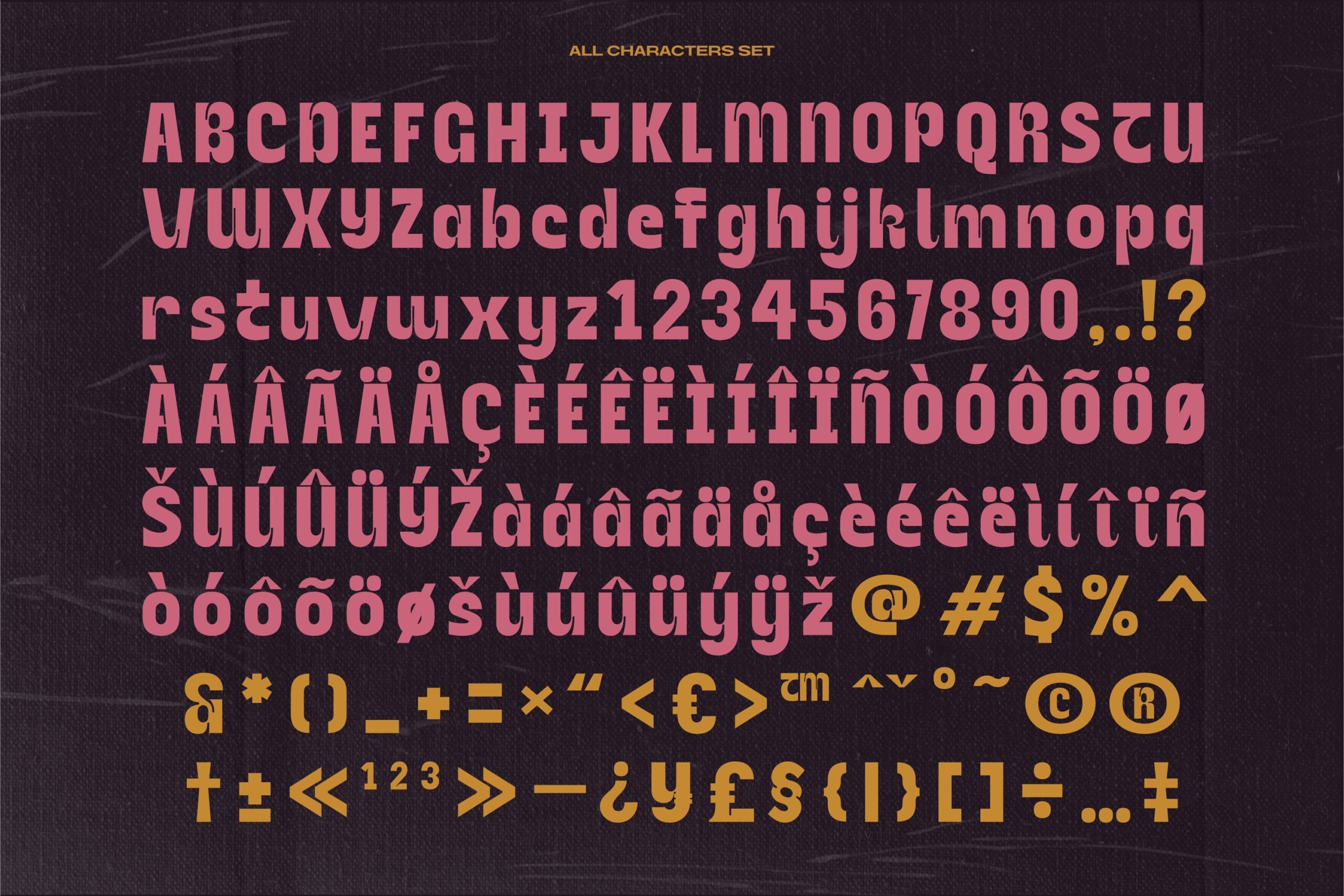 Pink uppercase letters, lowercase, numbers, symbols, accents on dark background