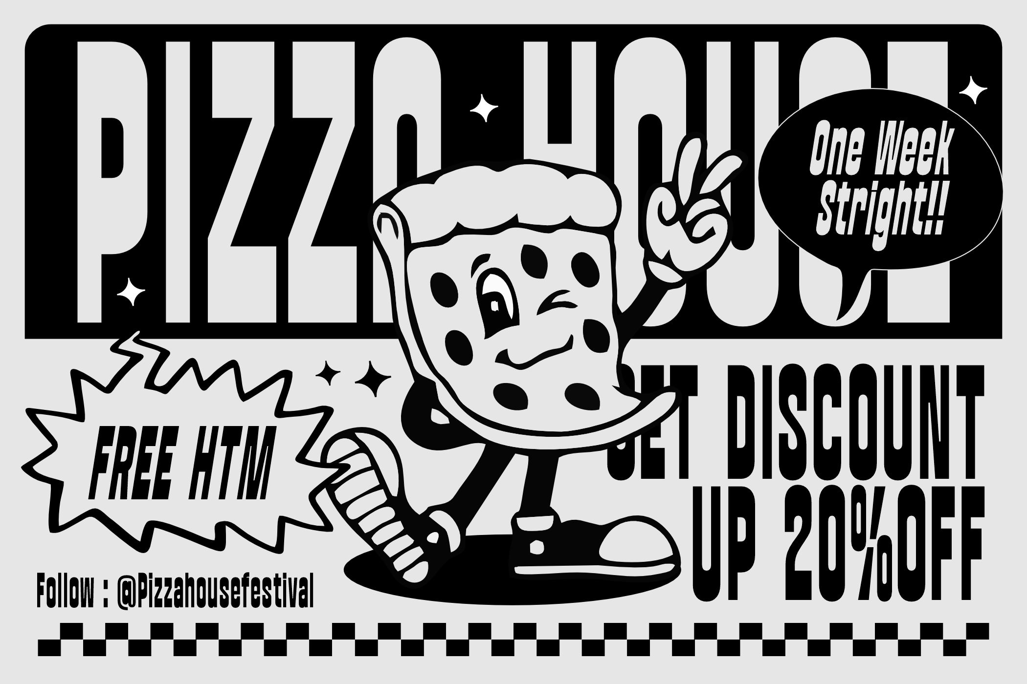 Retro pizza shop promo poster with cartoon pizza character offering 20% off
