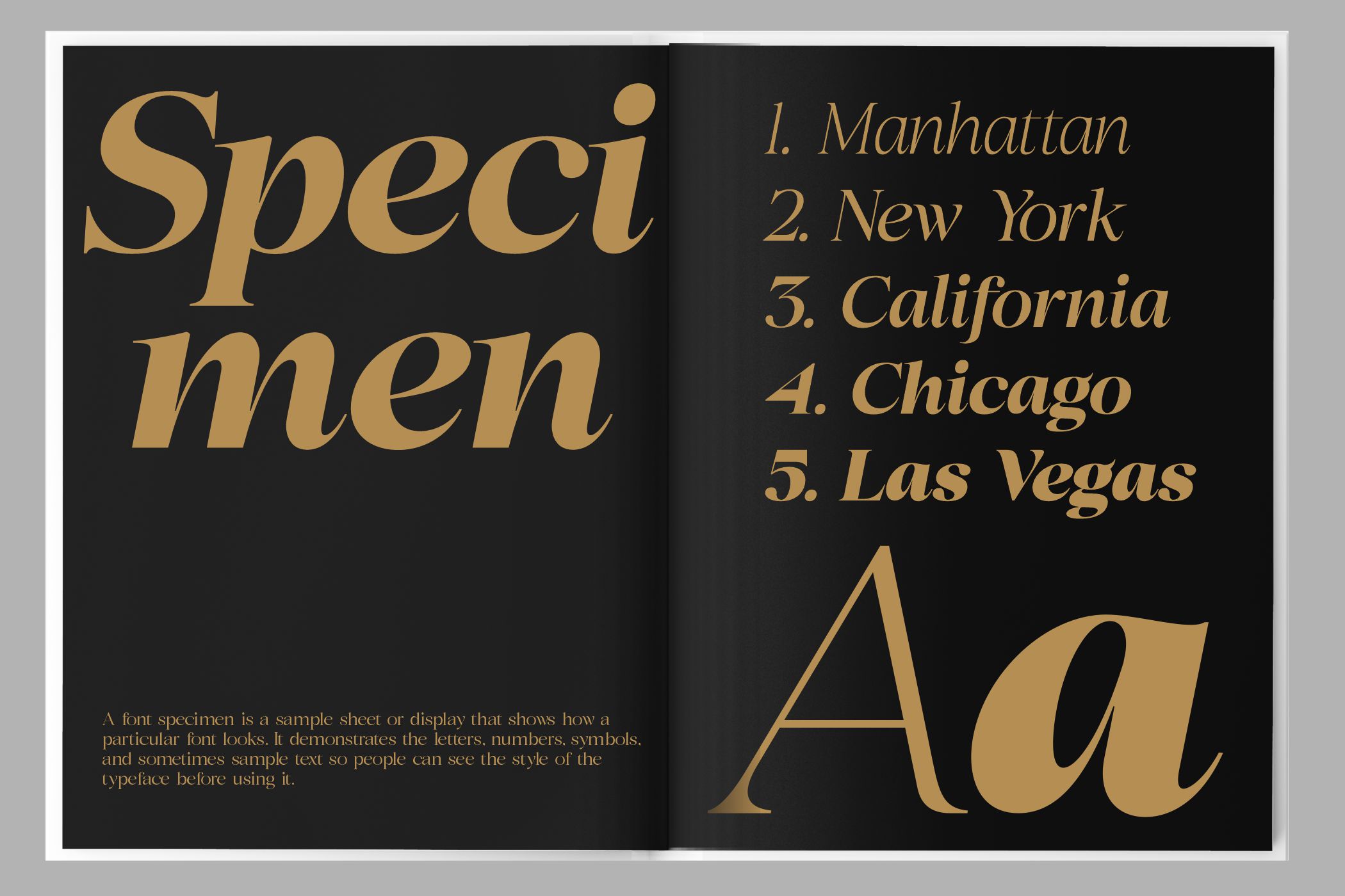 Specimen spread for serif font with city list layout in gold black design