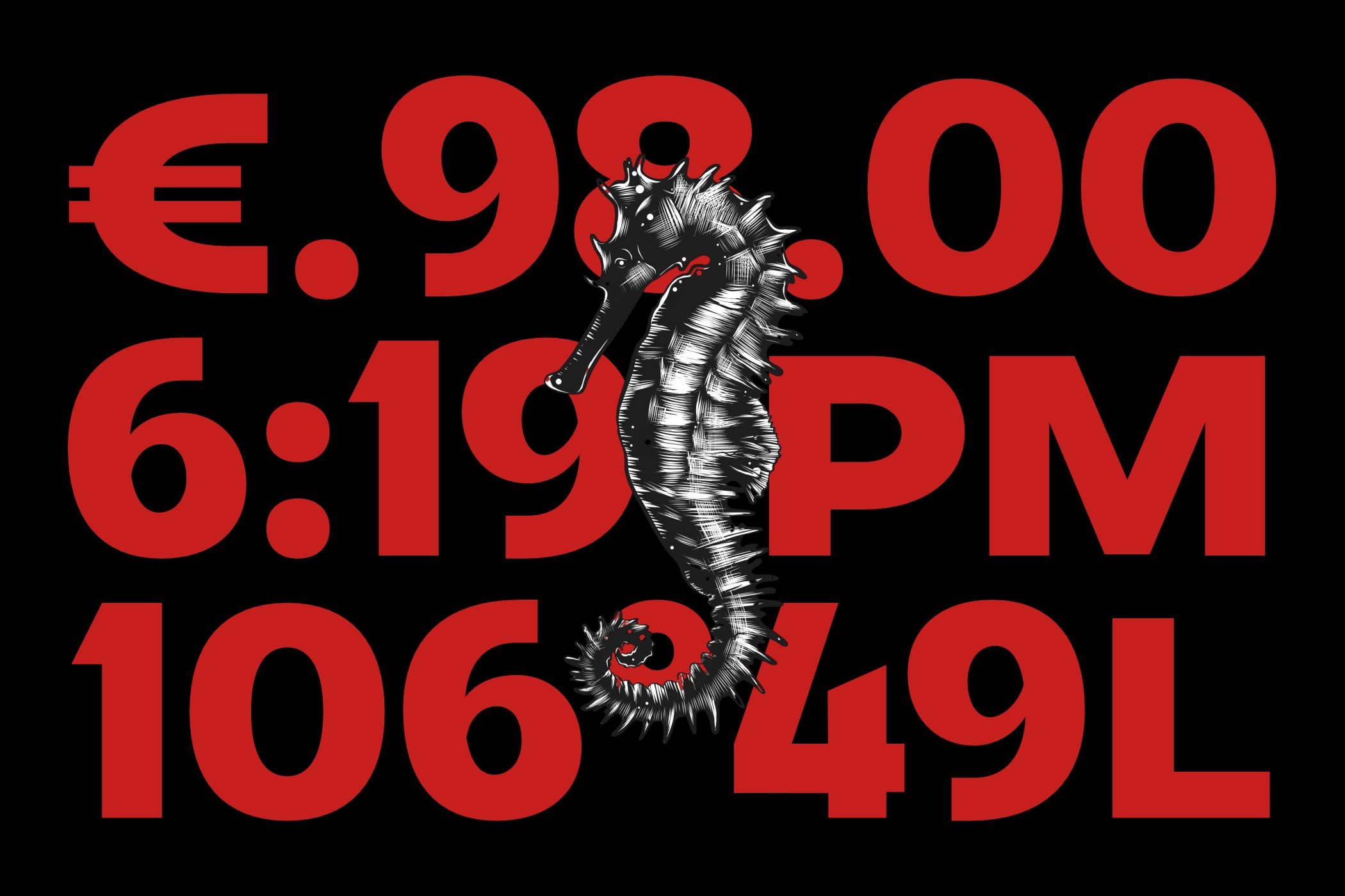 Pricing display with red numbers currency symbol and decorative seahorse illustration
