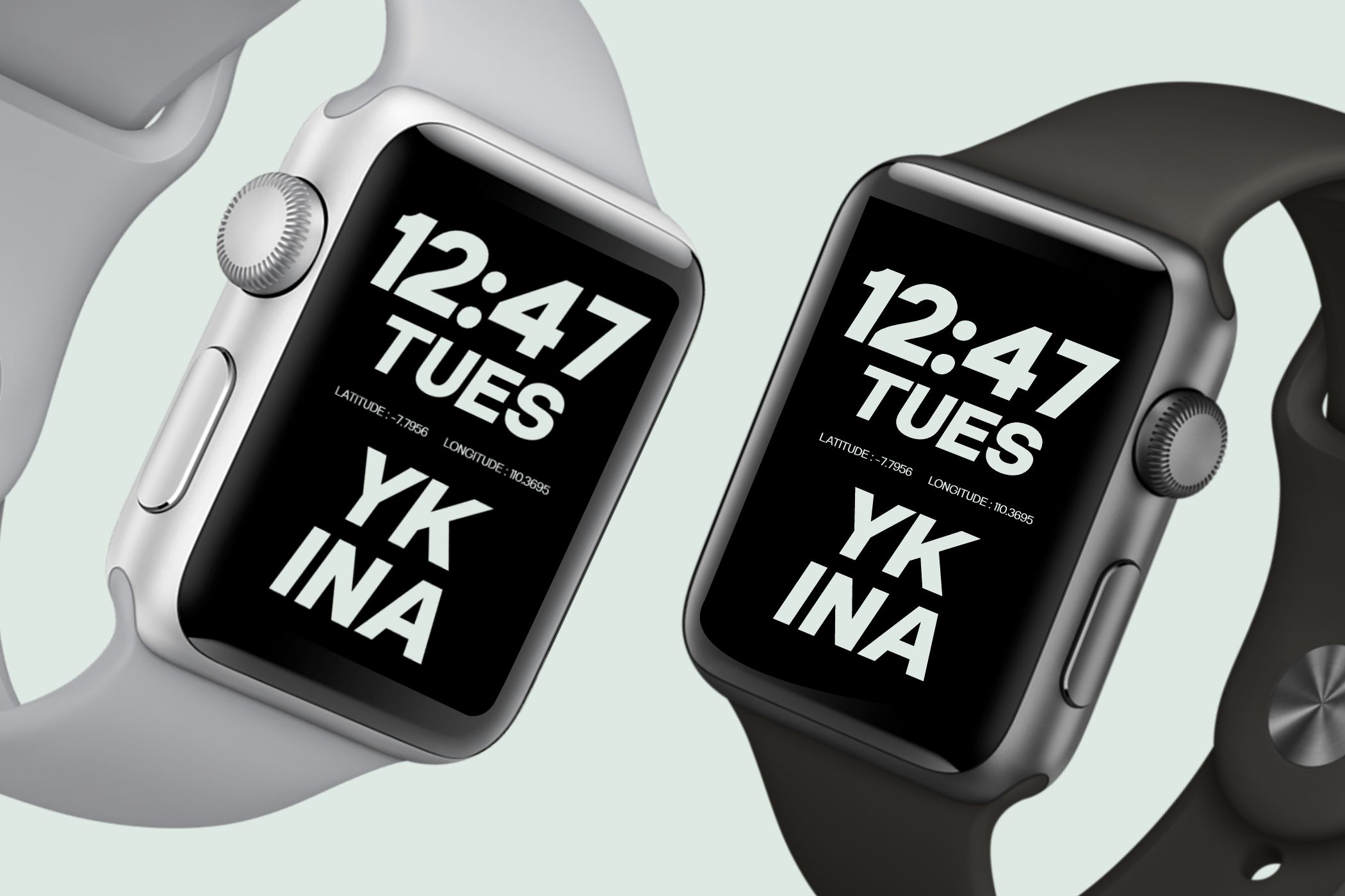 Silver black smartwatch displaying time 12:47 Tuesday with NYC coordinates