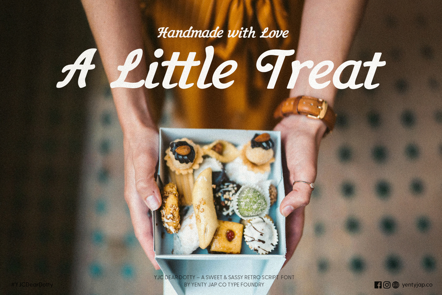 Hands holding decorated treat box with Dear Dotty font overlay on homemade pastries