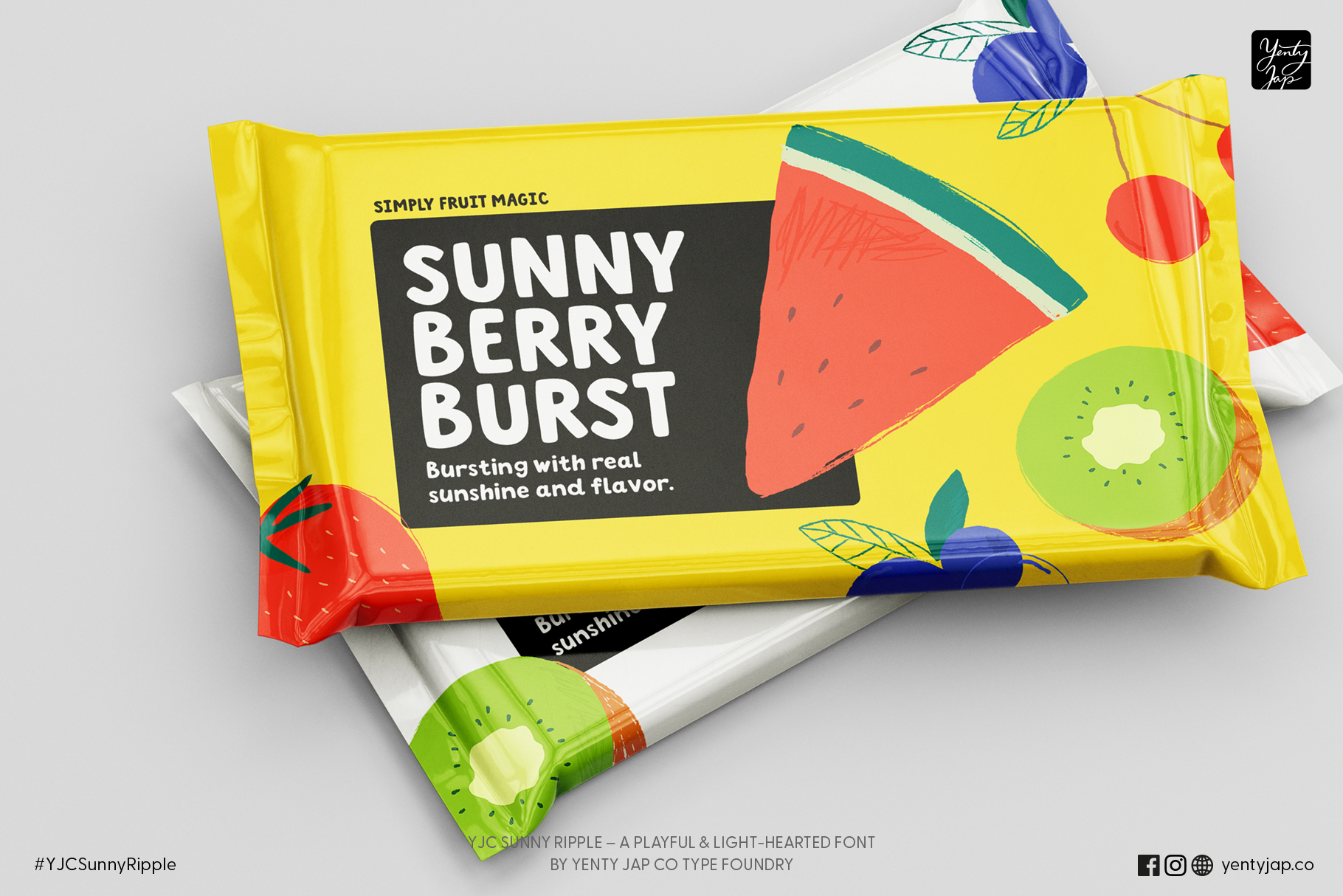 Candy wrapper mockup sunny berry burst with watermelon kiwi fruit illustrations