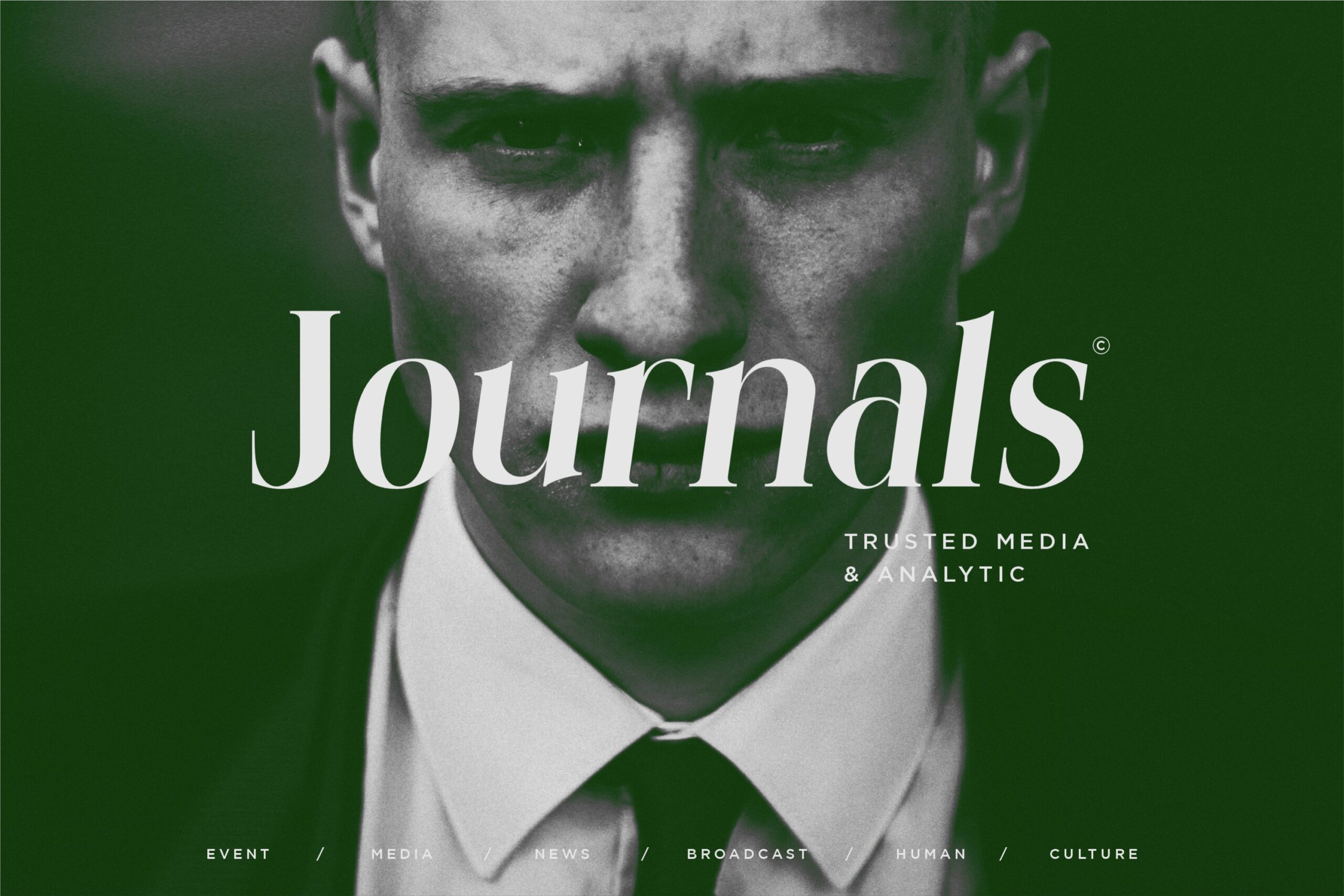 Magazine layout mockup with Journals branding on green tinted photo
