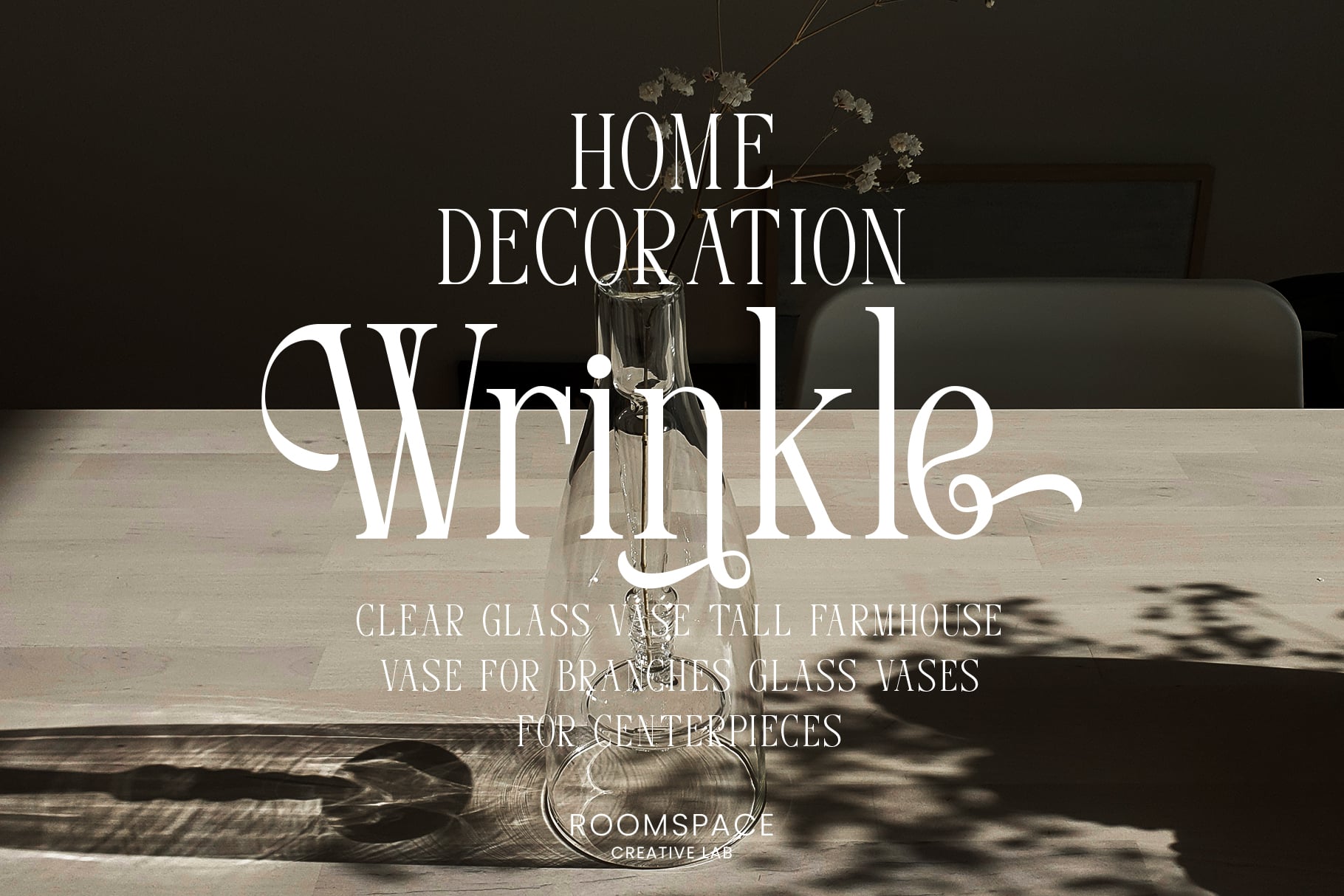 Wrinkle serif font on home decor mockup with glass vase flowers