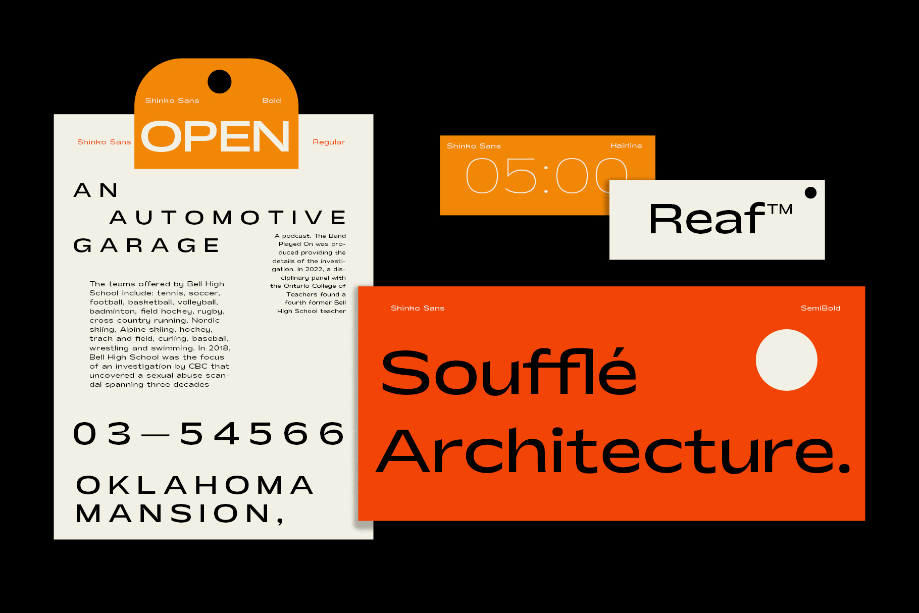 Overlapping collateral cards showing Shinko Sans typeface, Open tag, Reaf logo, Souffle Architecture text on orange, cream, black