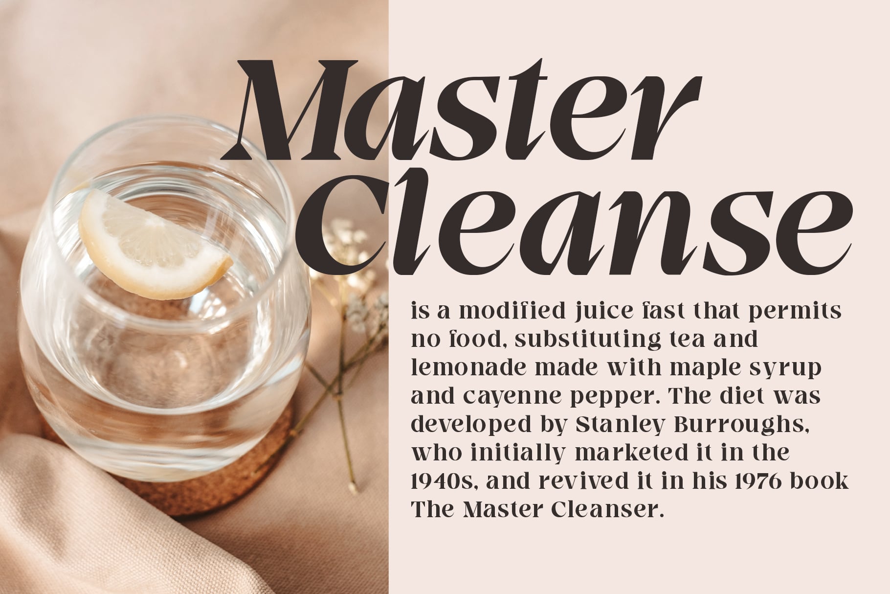 Lifestyle article layout featuring Master Cleanse title with lemon water glass photograph