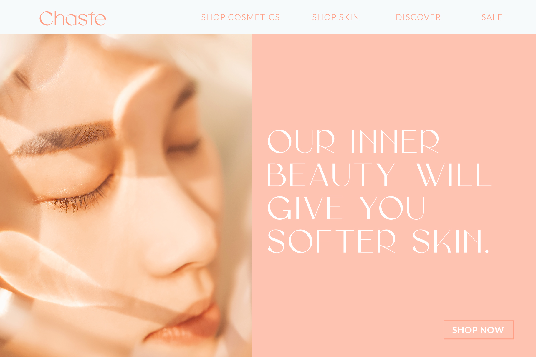 Beauty brand website header showing woman's face with skin care copy overlay