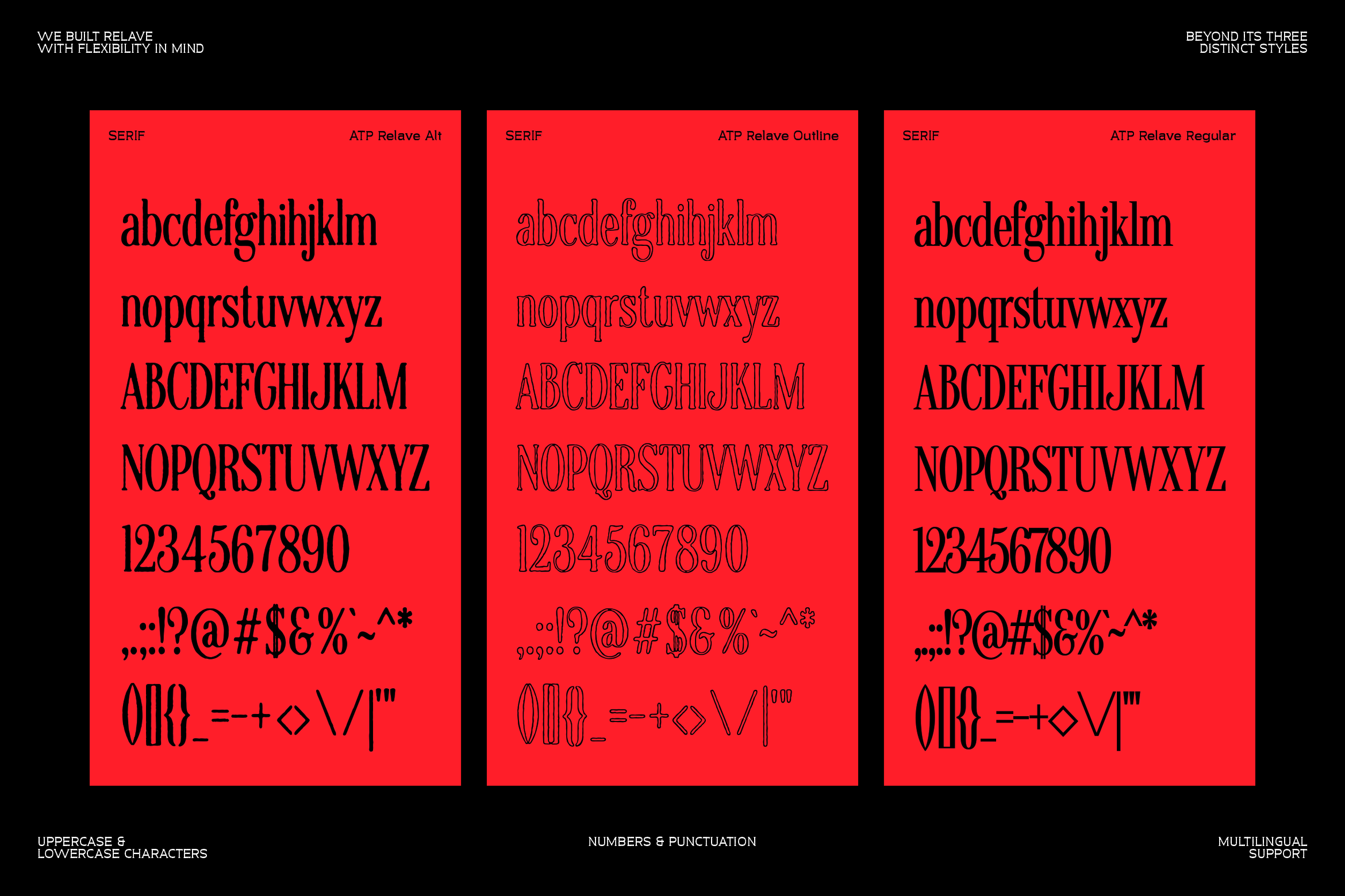 Three red cards showing Relave font in Alt, Outline, Regular styles with characters