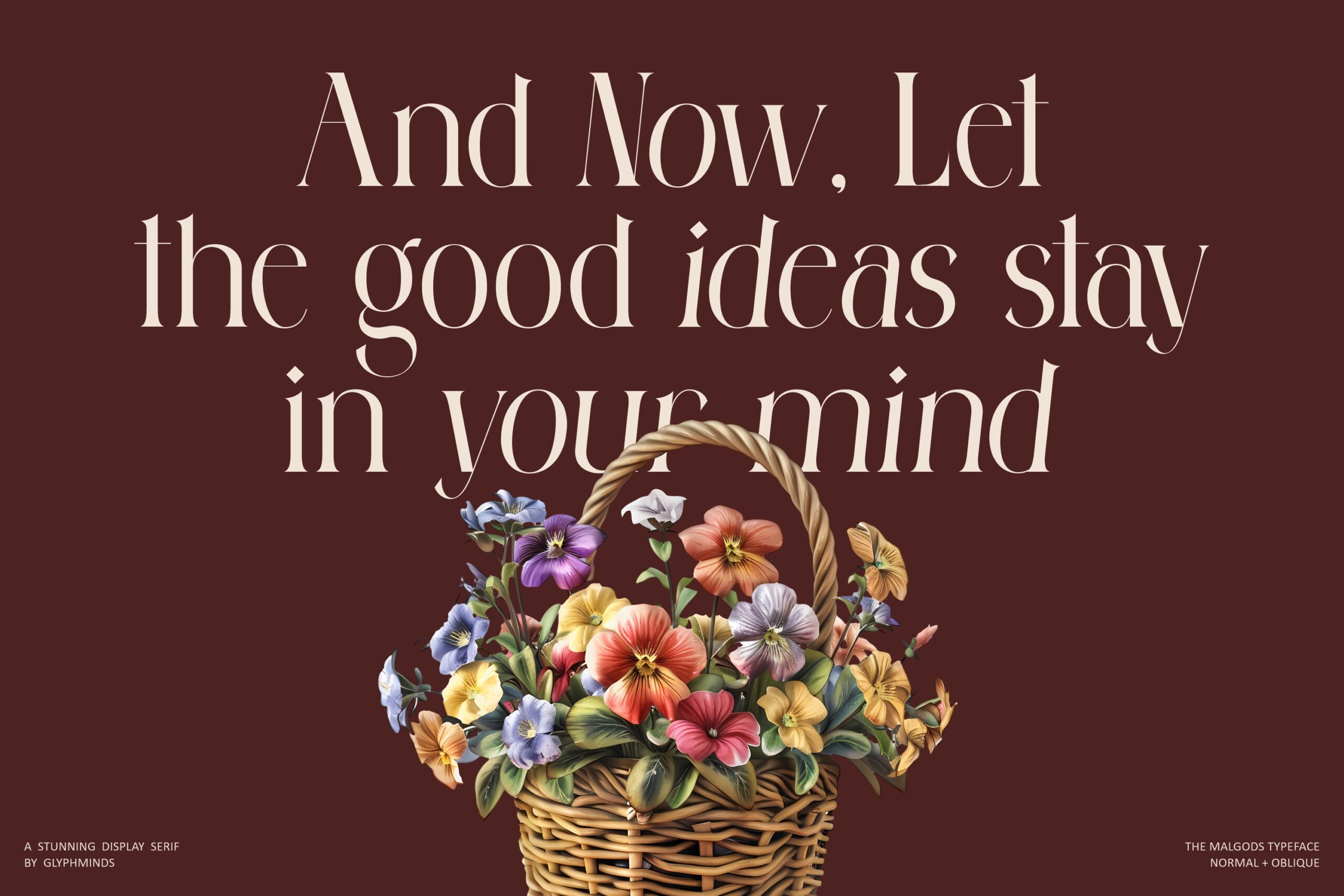 Serif font displaying quote with woven basket of colorful pansies illustration