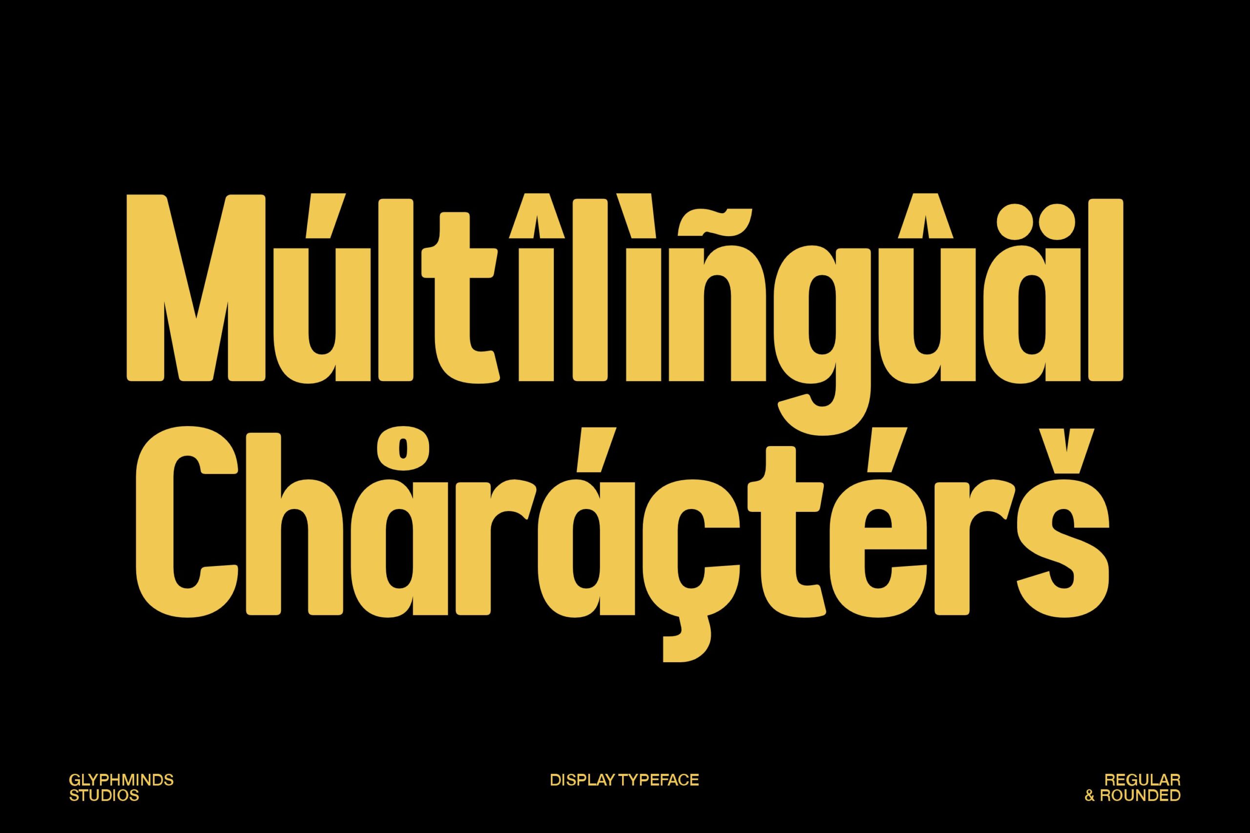 Multilingual characters typography in yellow serif font on black