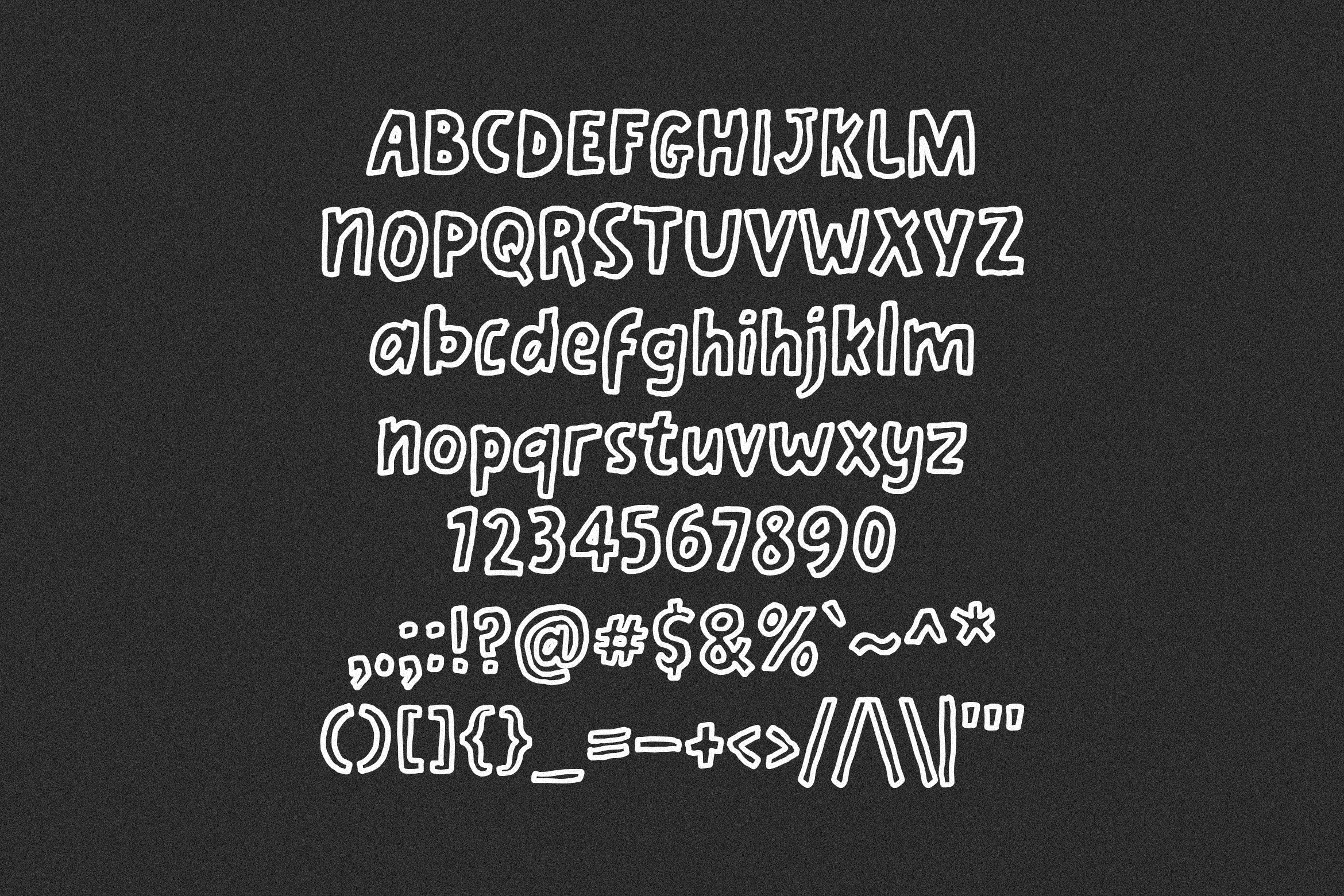 Hand-drawn style font with uppercase lowercase letters numerals and symbols on dark background perfect for graphic design projects and typography templates