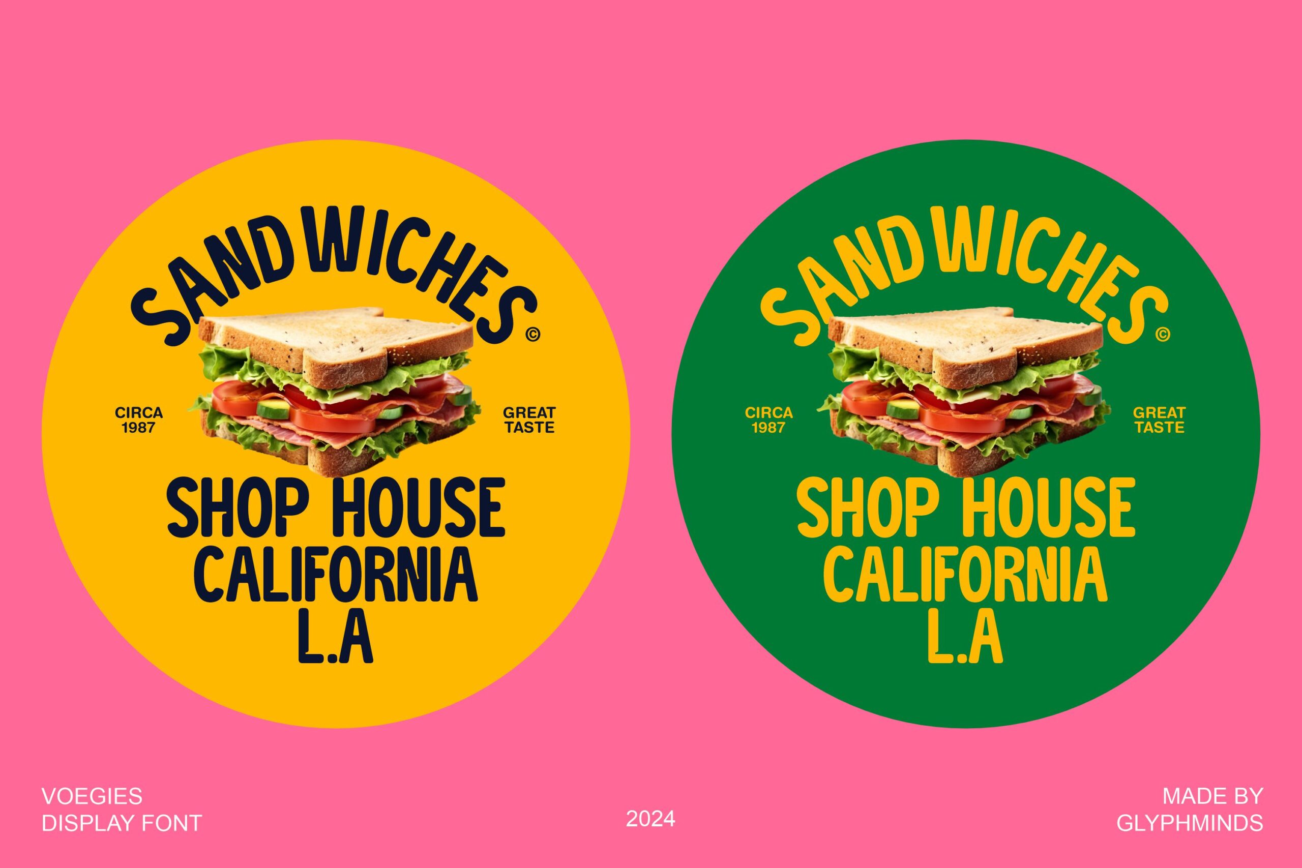 Two circular vintage sandwich stickers yellow green colors 1987 California deli labels