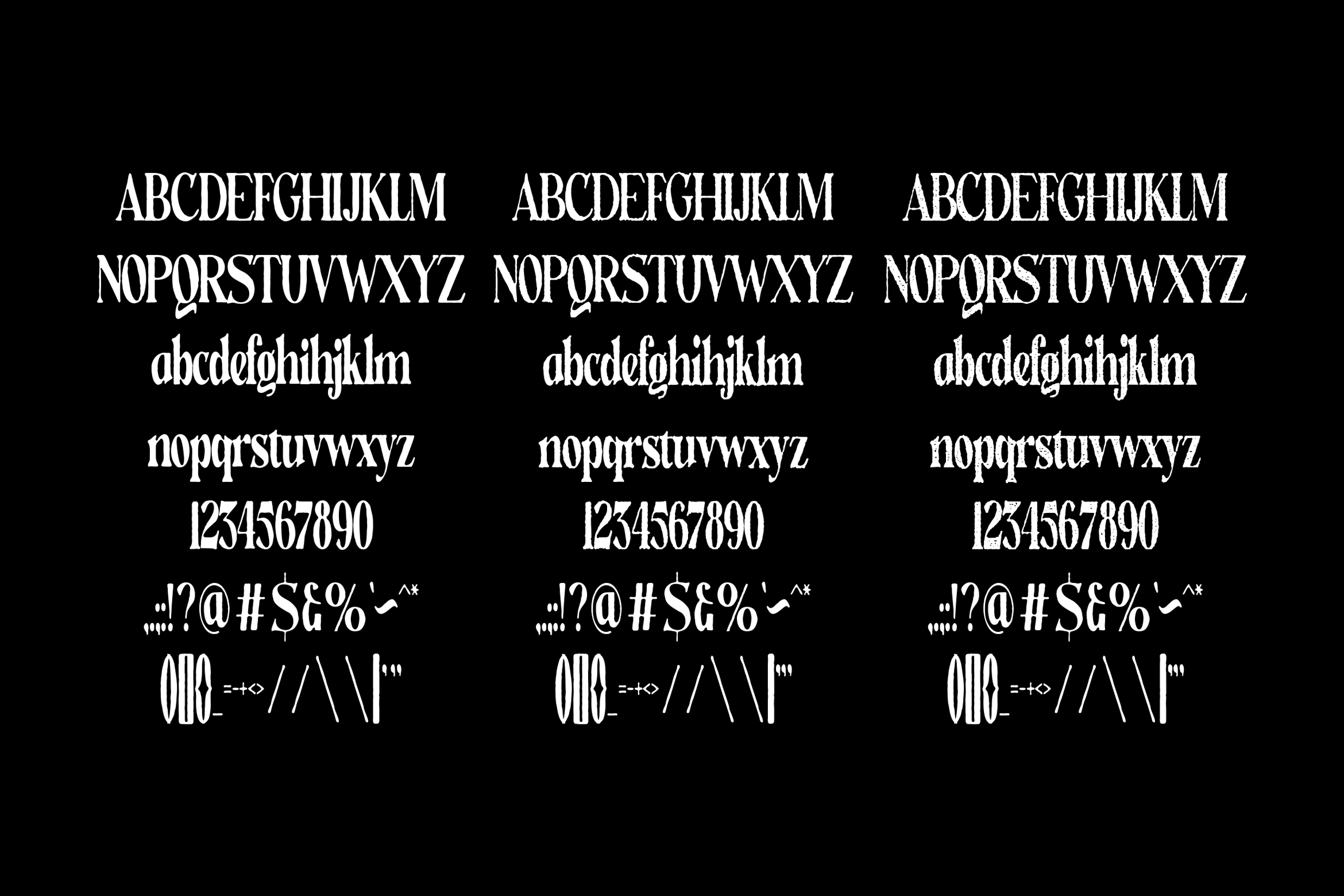 Three columns of character sets including uppercase lowercase numbers