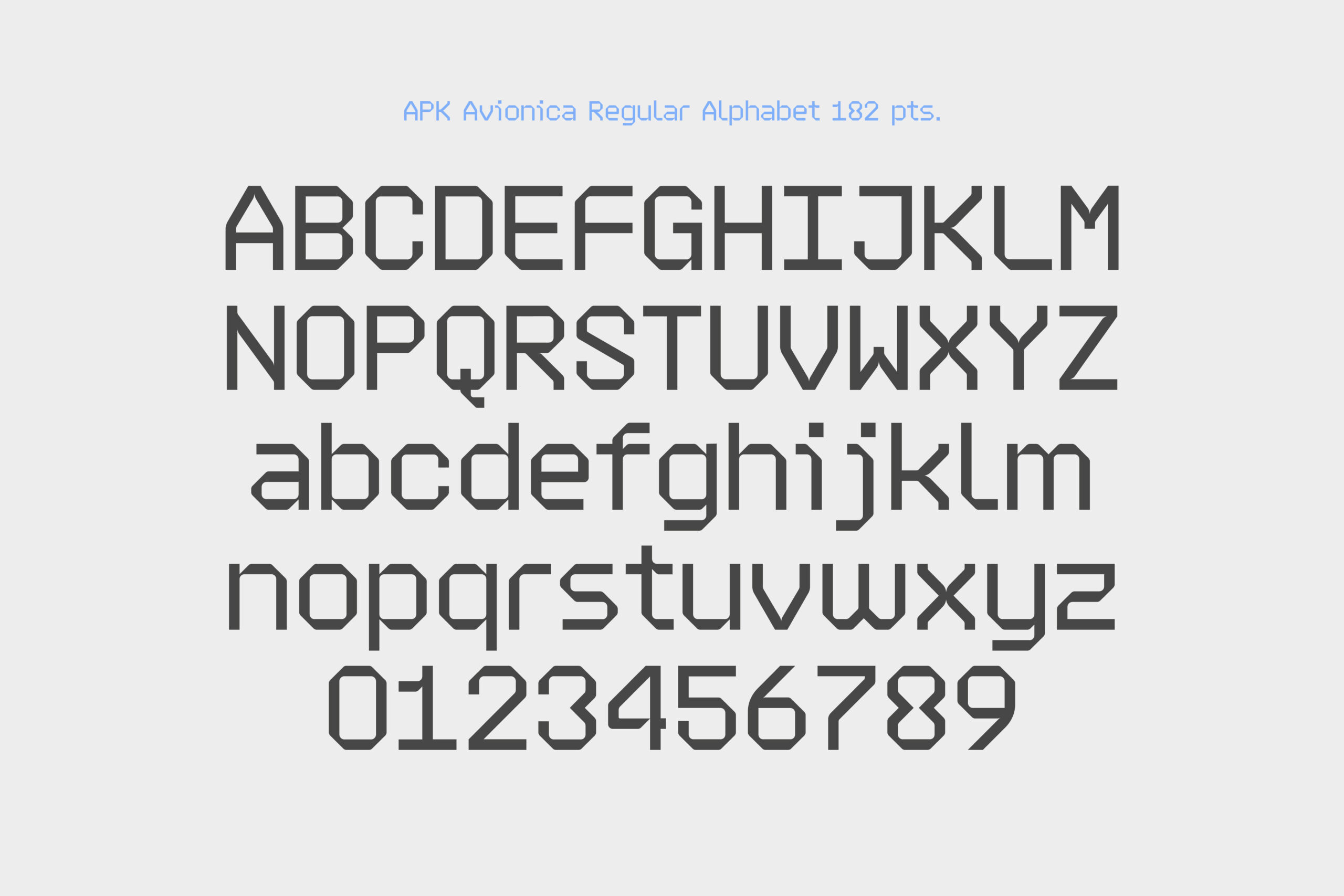 AFK Avionica Regular typeface showing uppercase, lowercase letters plus numbers