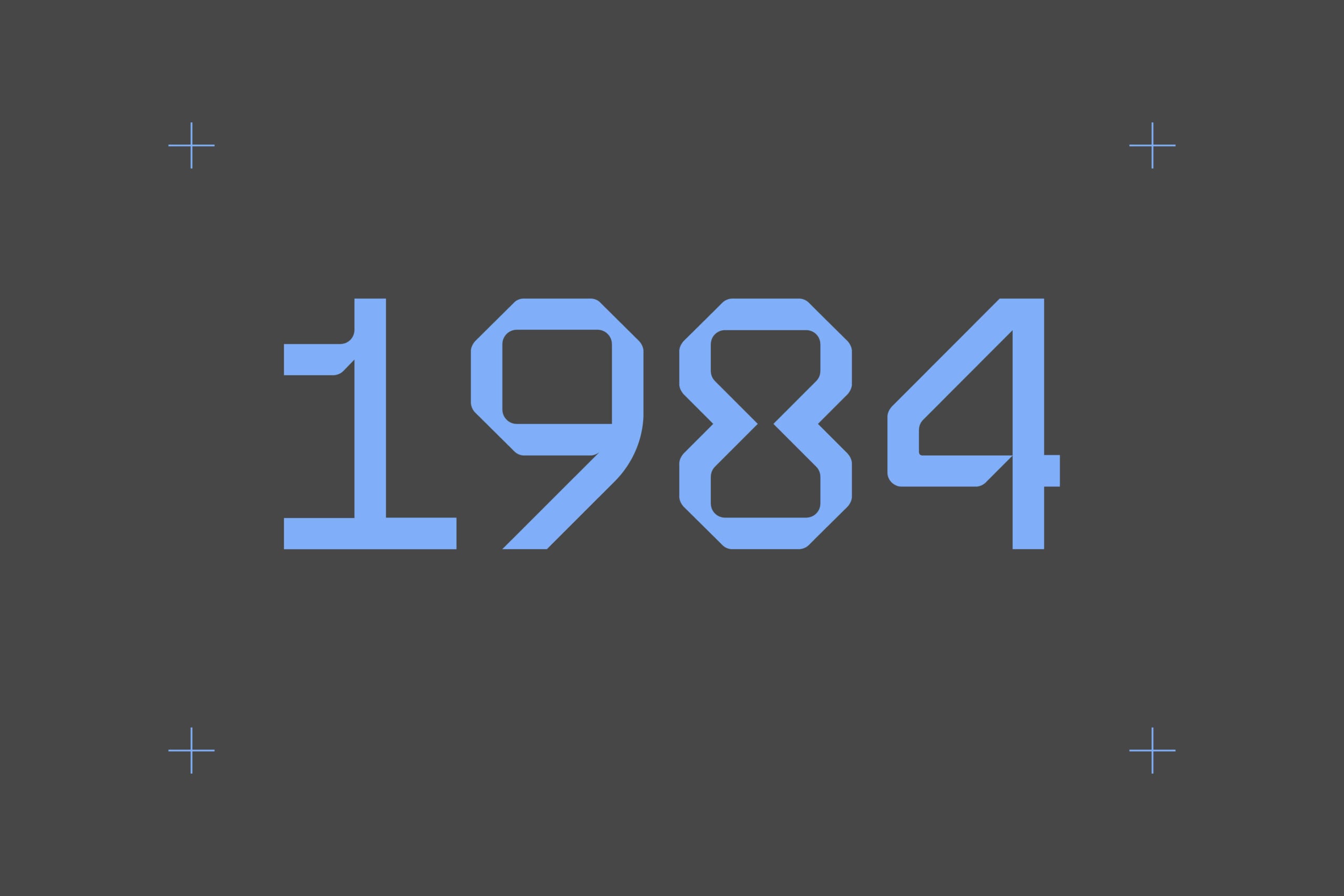 Bold blue numbers 1984 with thick geometric strokes on dark gray background
