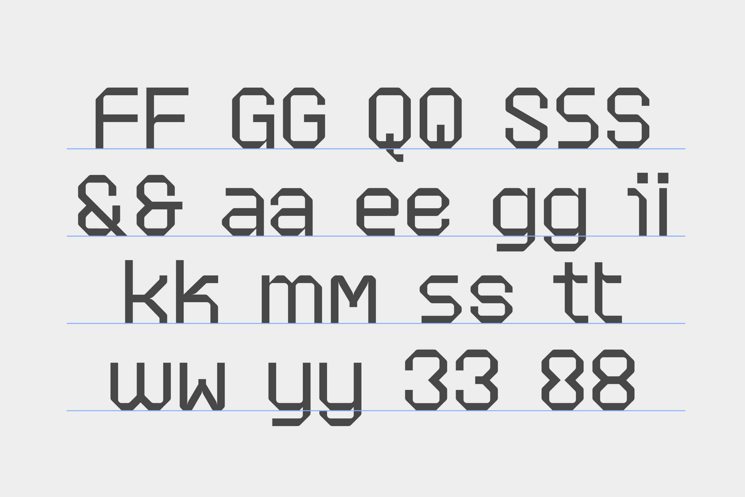 Bold geometric sans serif font with clean letterforms, numbers, symbols shown on baseline guides