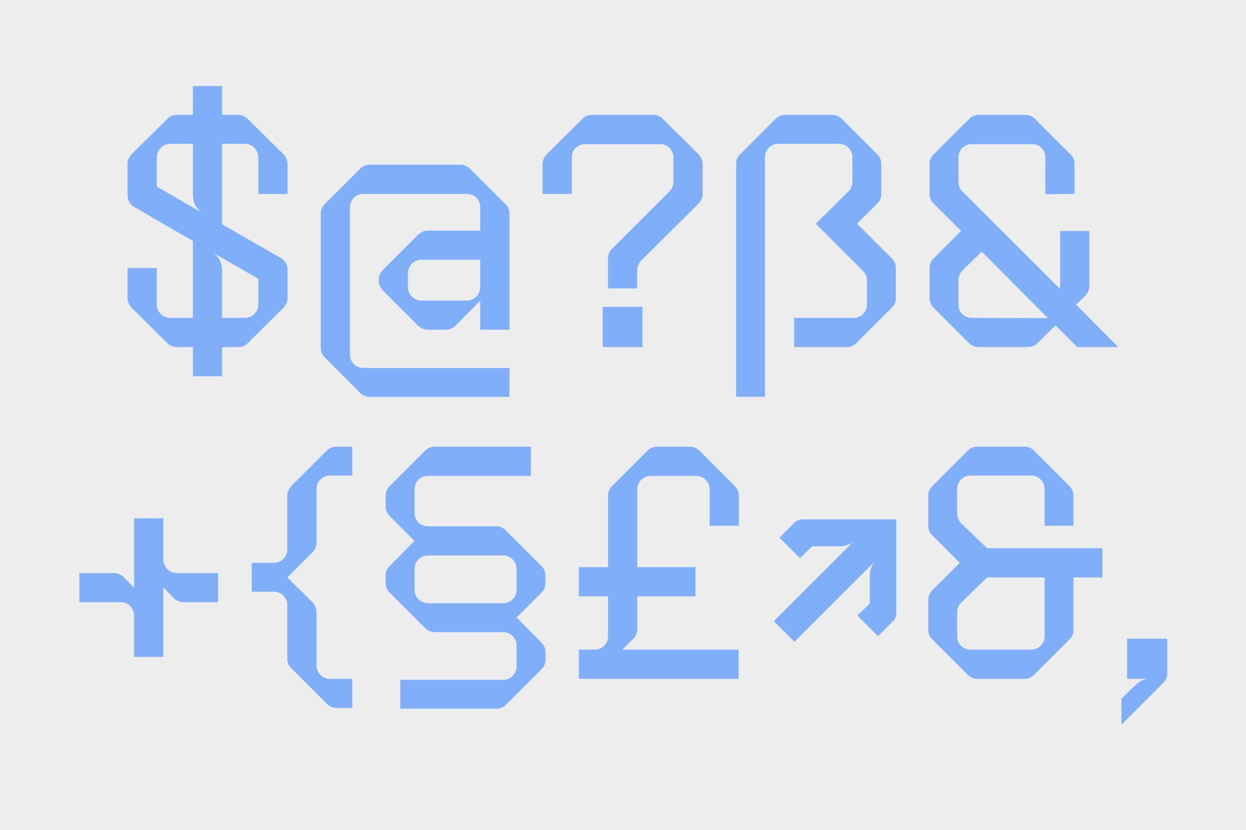 Bold geometric font with currency symbols, math operators in bright blue