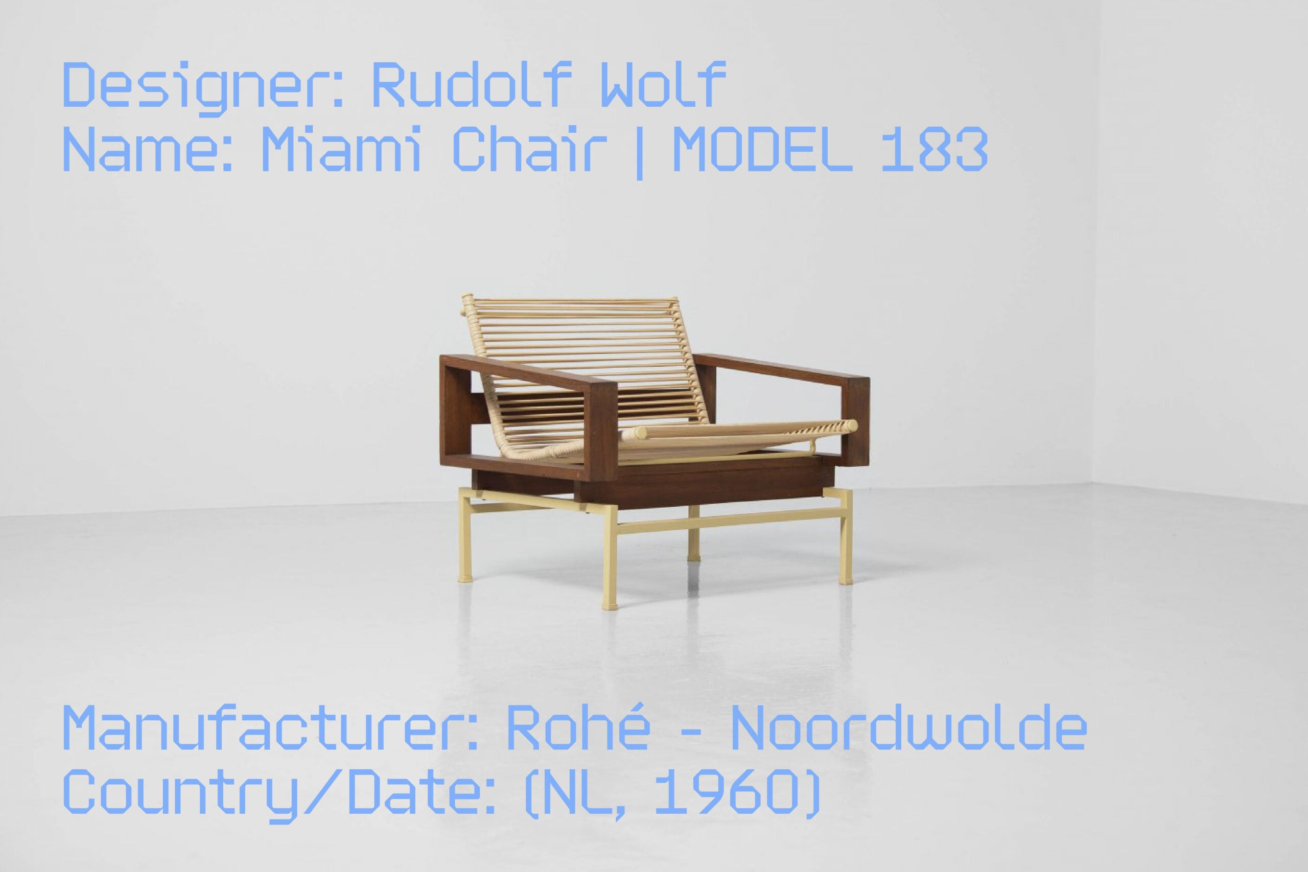 Miami Chair Model 183 by Rudolf Wolf, mid-century modern lounge chair with rope weaving