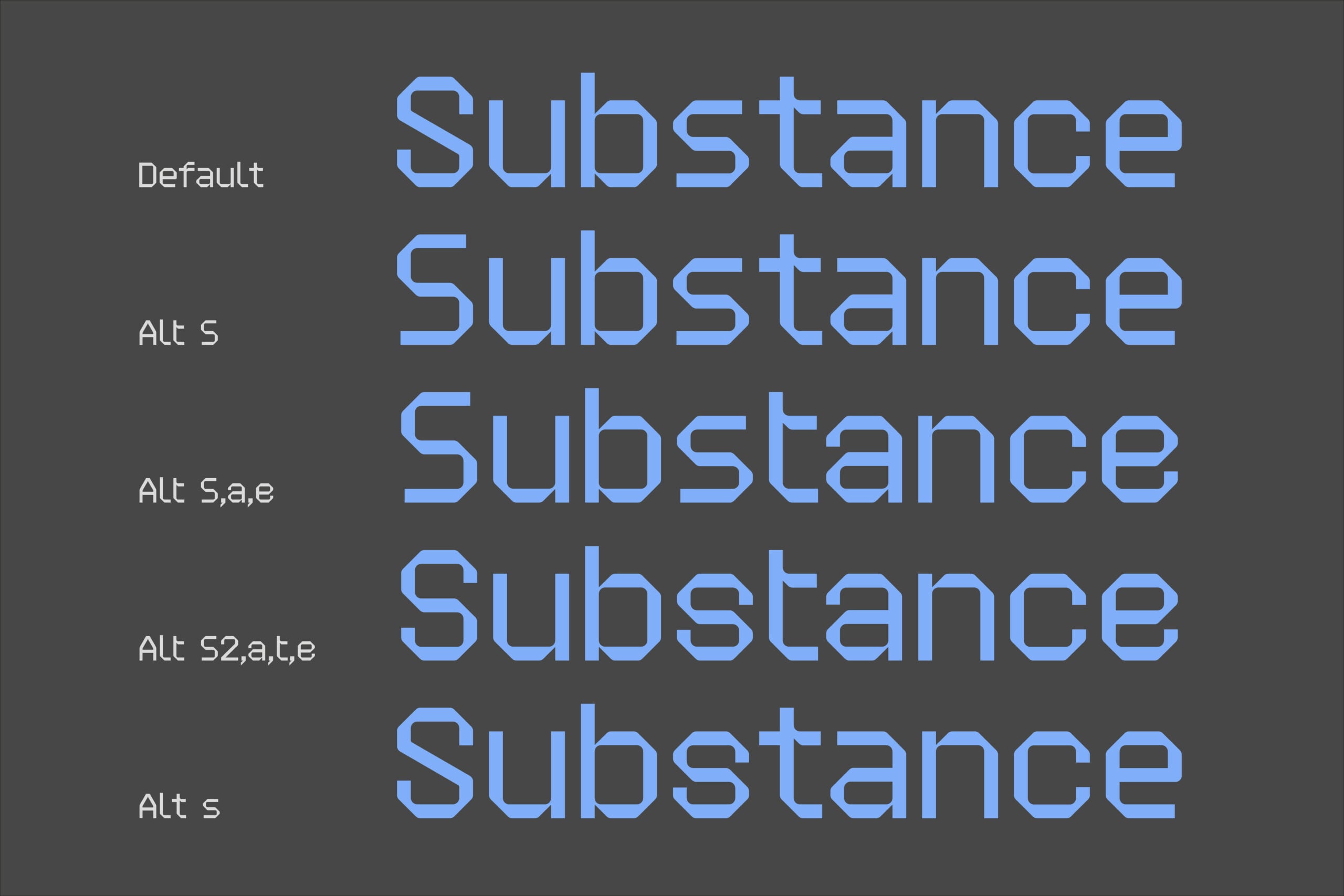 Substance font with multiple stylistic alternates shown in bright blue on dark background