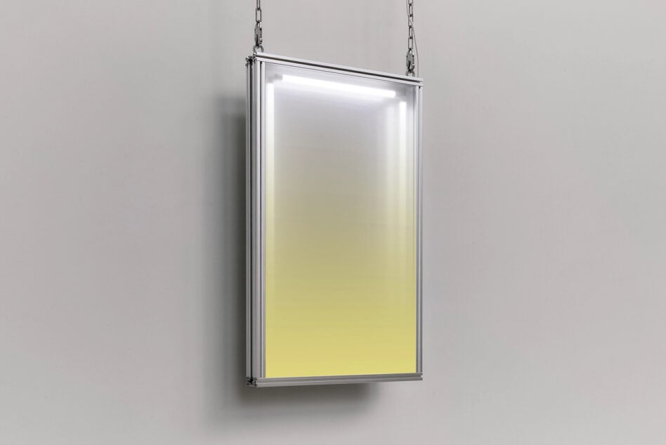 Hanging lightbox mockup with white to yellow gradient on neutral background