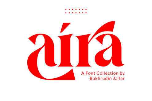 Aira font collection by Bakhrudin Ja'far with red serif typography on cream background