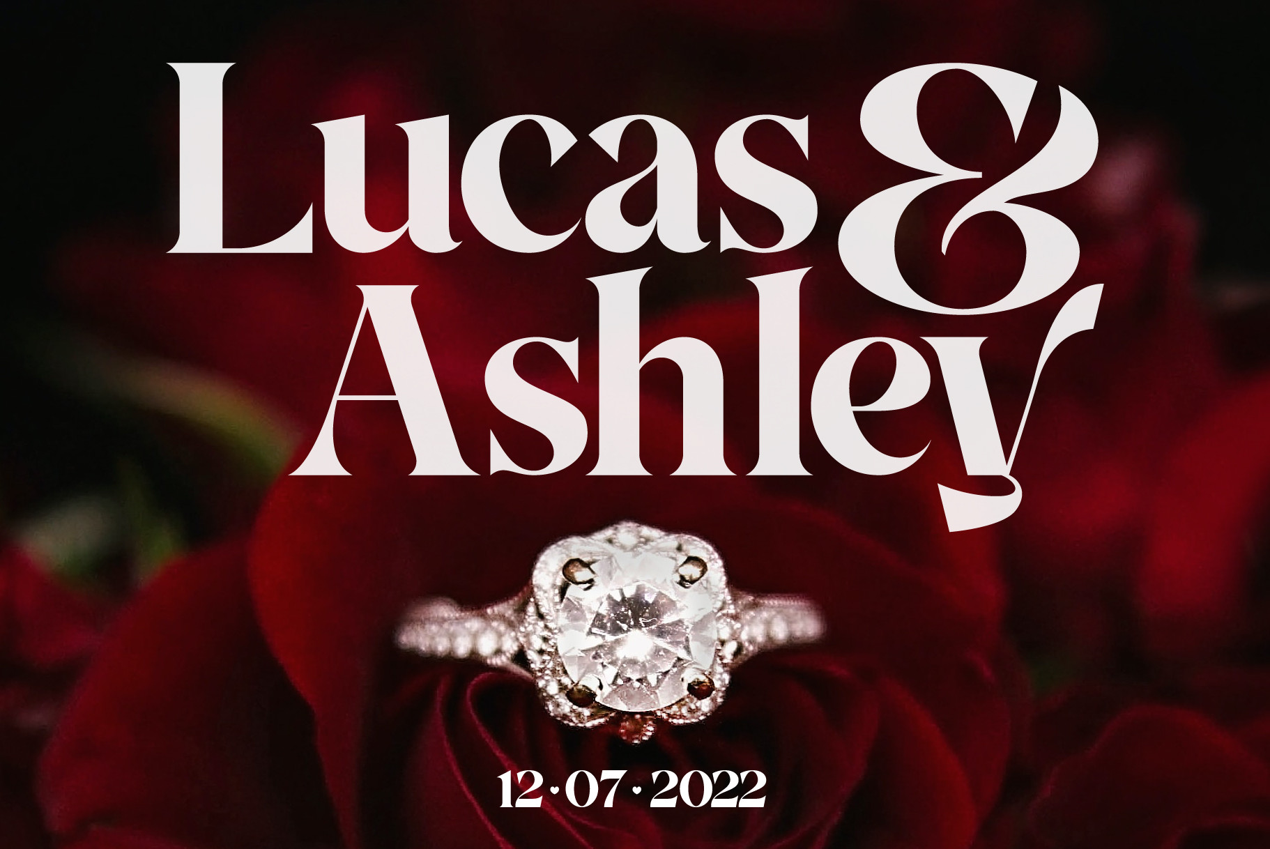 Elegant serif font Lucas Ashley displayed over diamond ring on burgundy rose background