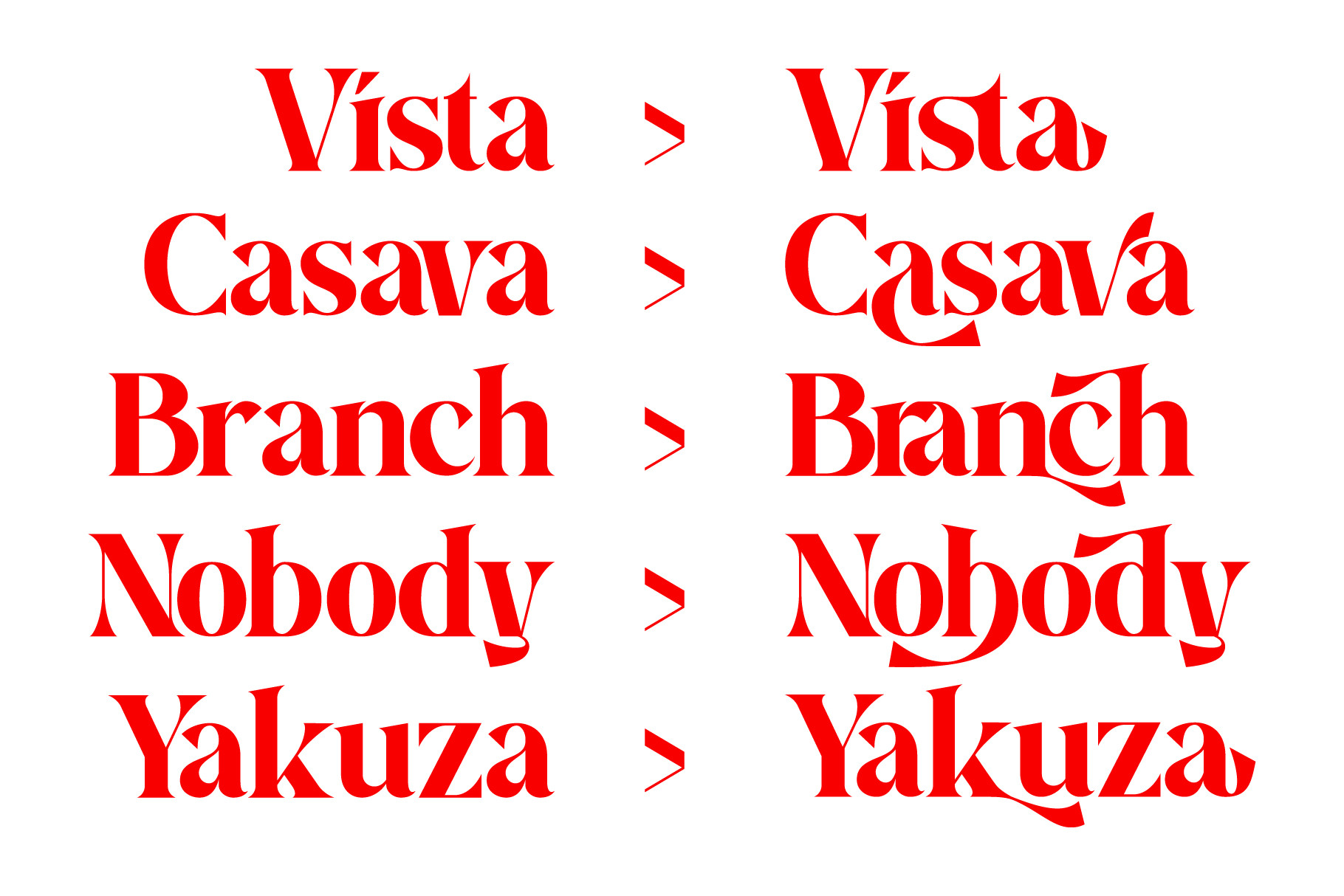 Red serif typeface showing before after style with decorative swashes on each letter