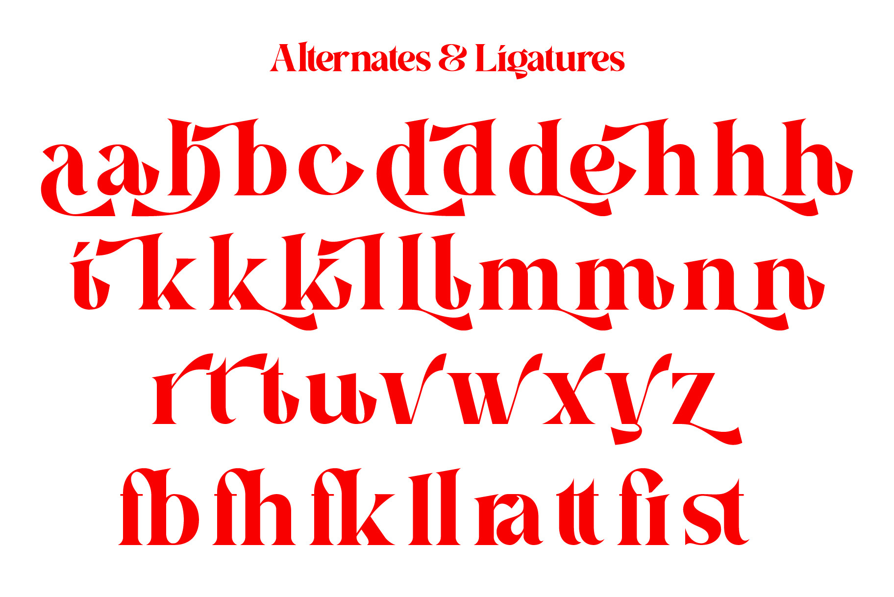 Red serif font showing alternates, ligatures, numbers, symbols