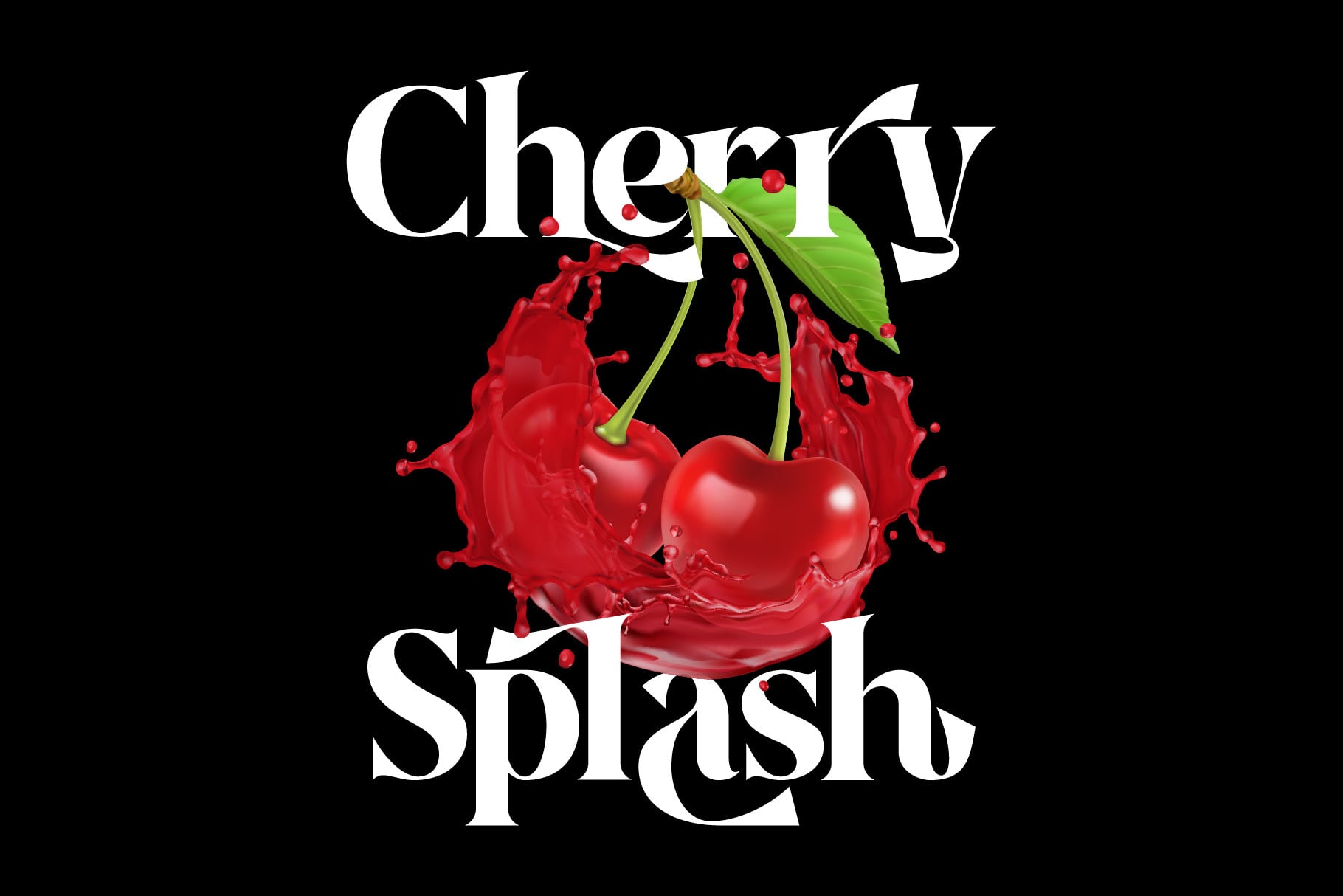 Cherry Splash typographic design with juicy red cherries bursting through white serif lettering