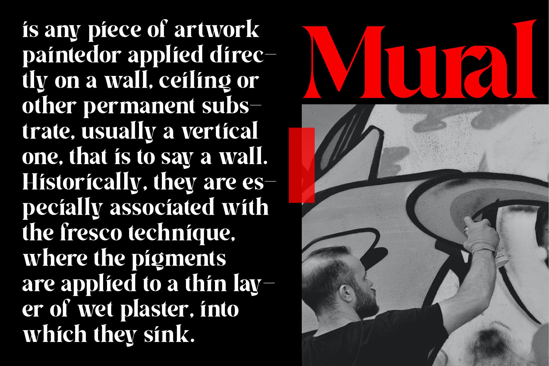 Black white text block explaining mural definition next to red word Mural on gray background