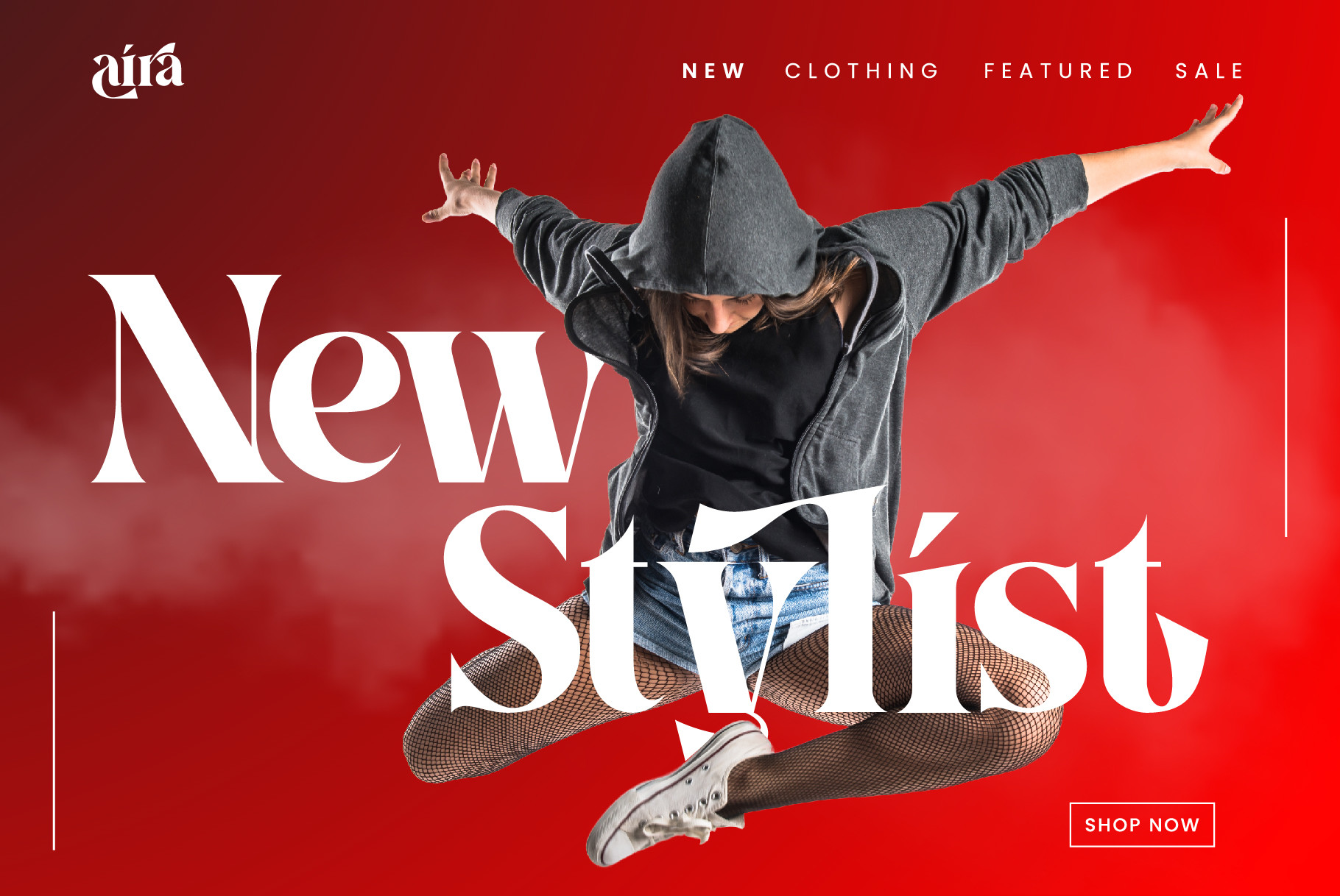 Person jumping in denim jacket against red gradient with New Shift text overlay