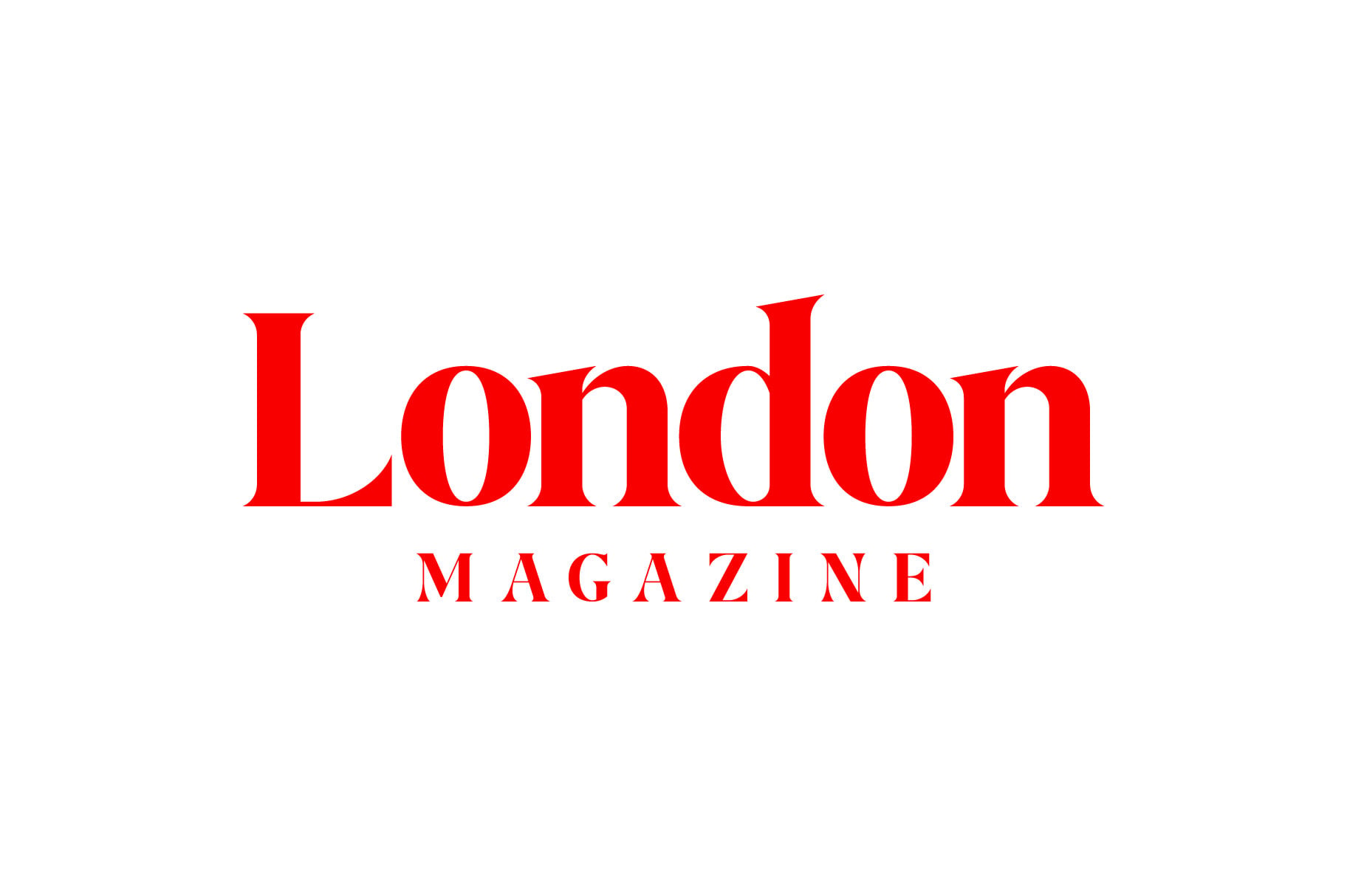 Red serif logotype London Magazine on white background with clean minimal layout