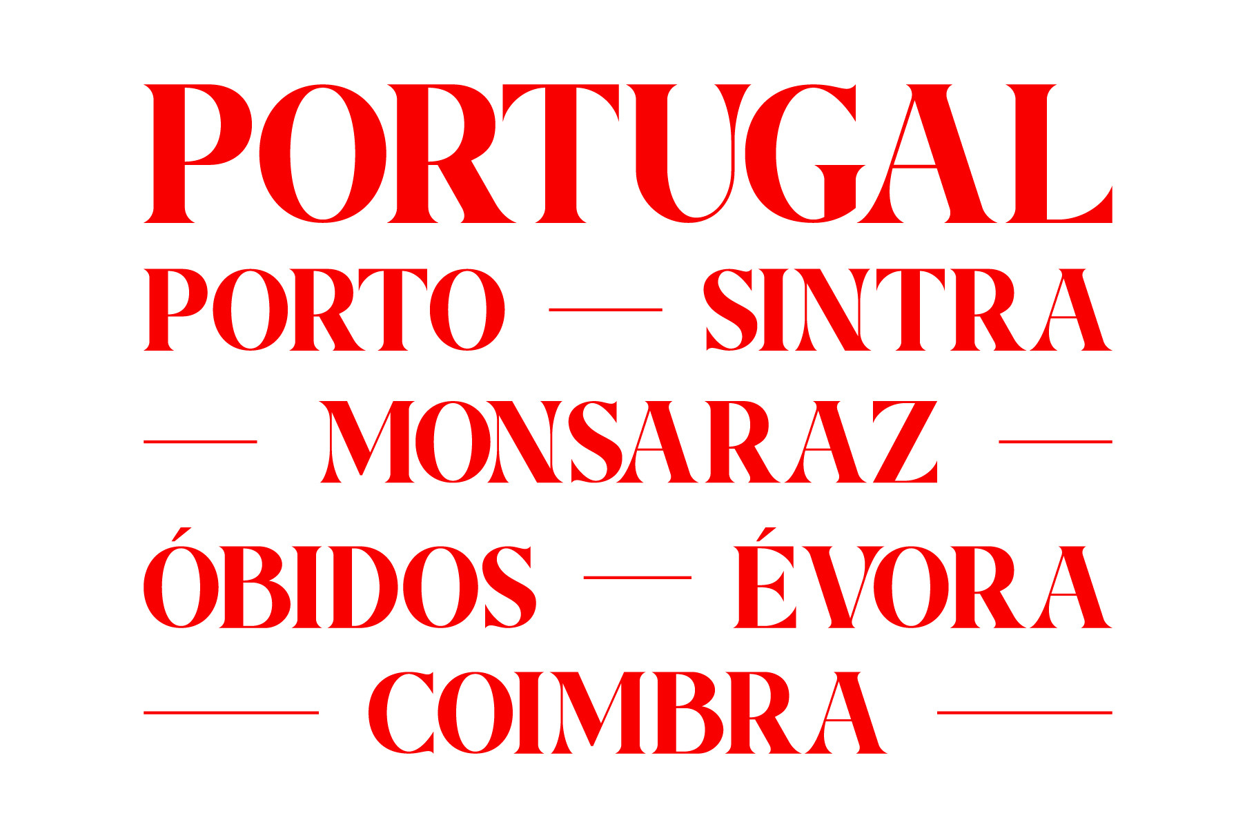 Bold red serif capitals spelling Portuguese city names with horizontal divider lines