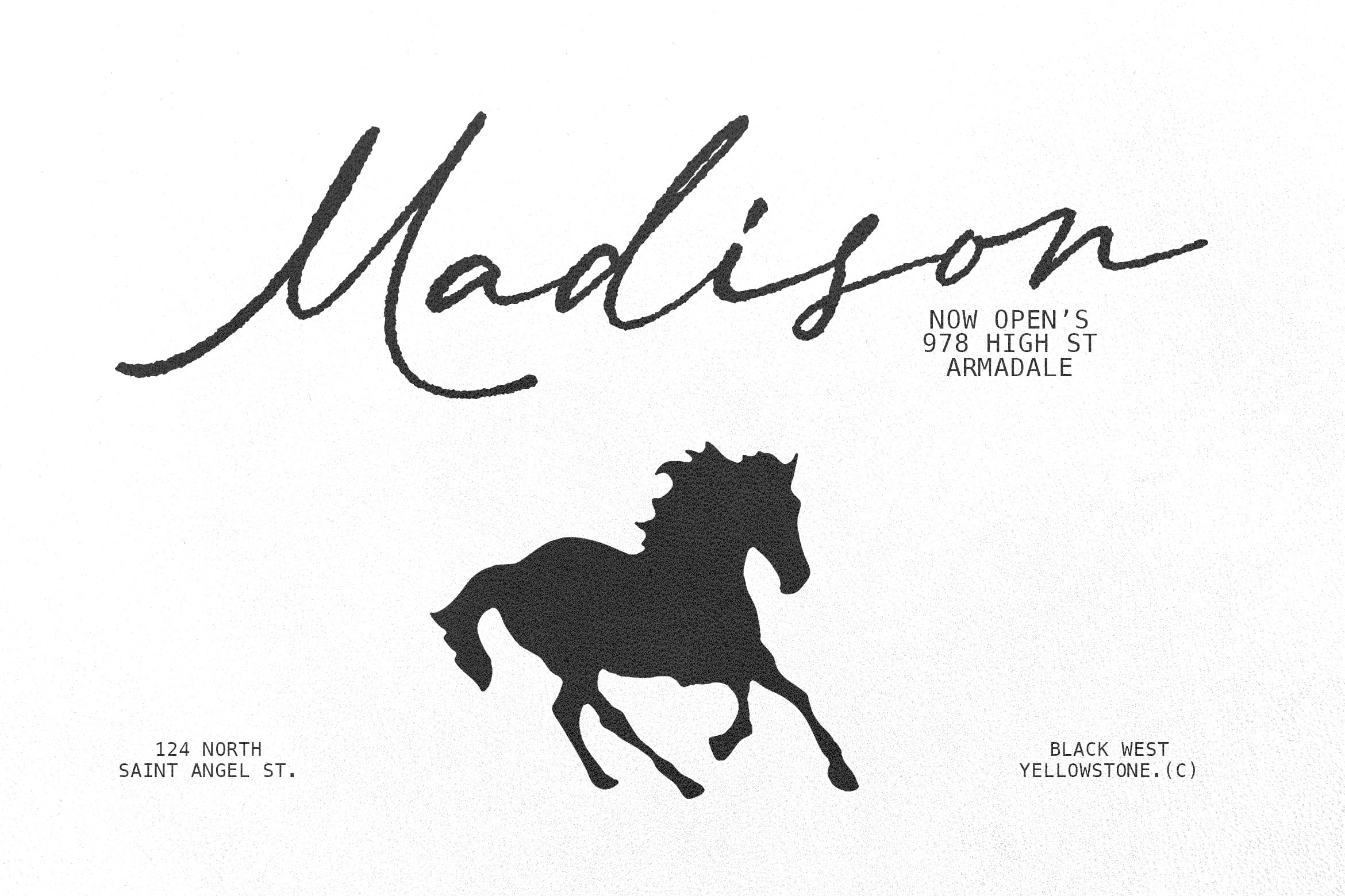 Madision script font with horse silhouette on cream background