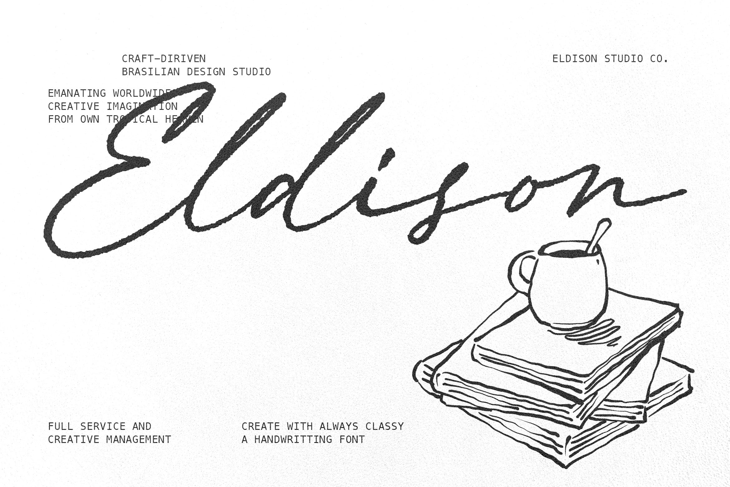 Eldison handwriting font with coffee cup sketch on books illustration