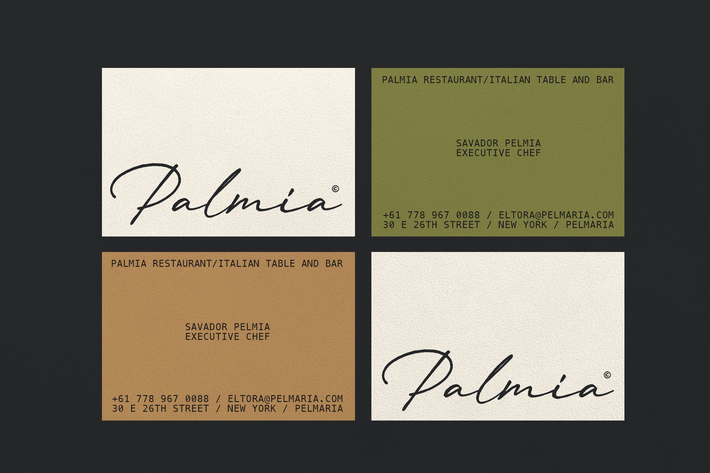 Palmia restaurant business cards in cream, olive, gold with chef details