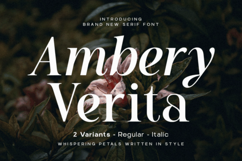 Ambery Verita font specimen showing regular italic variants over moody floral background
