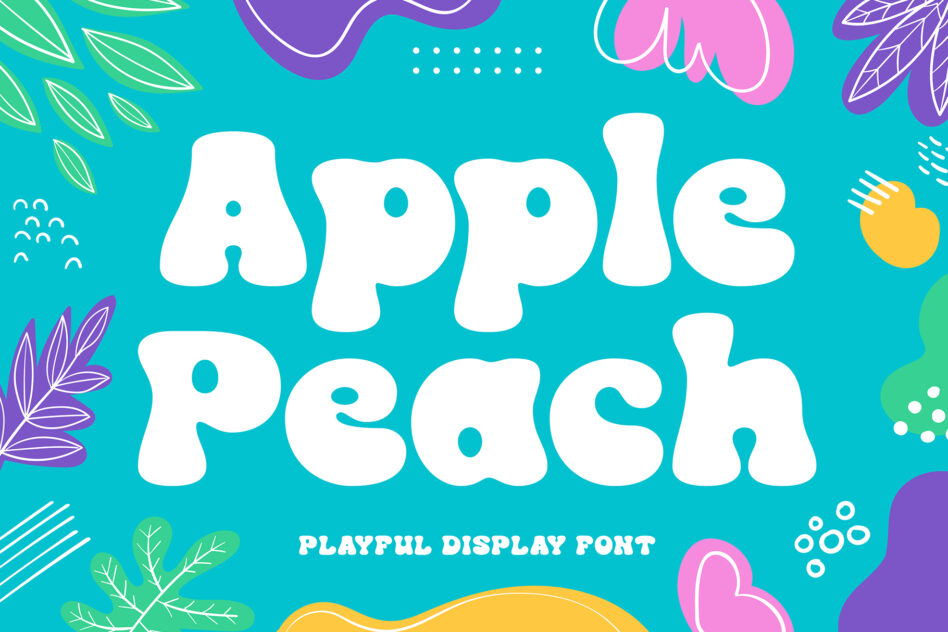 Apple Peach playful display font with colorful floral botanical elements turquoise