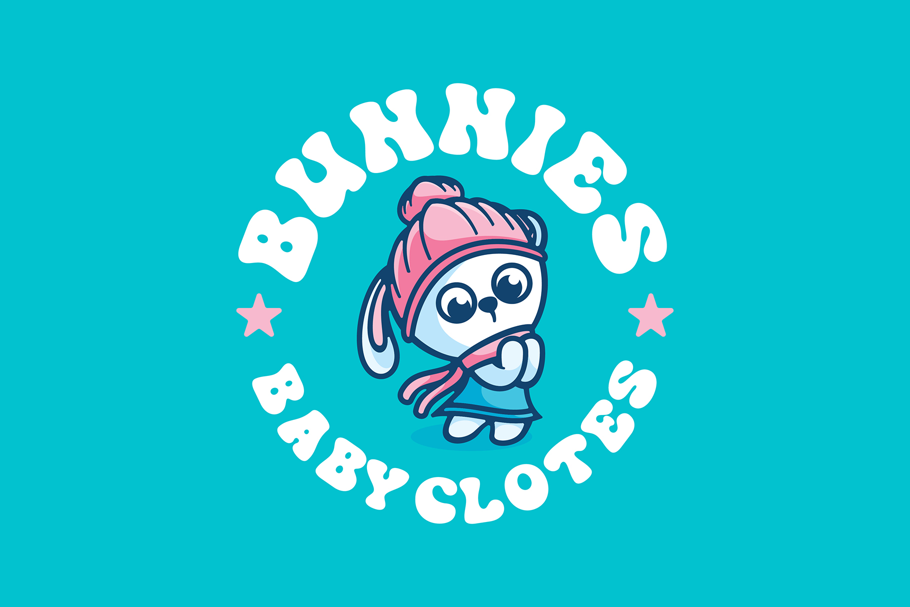Cute white puppy character wearing pink hat centered in circular text logo