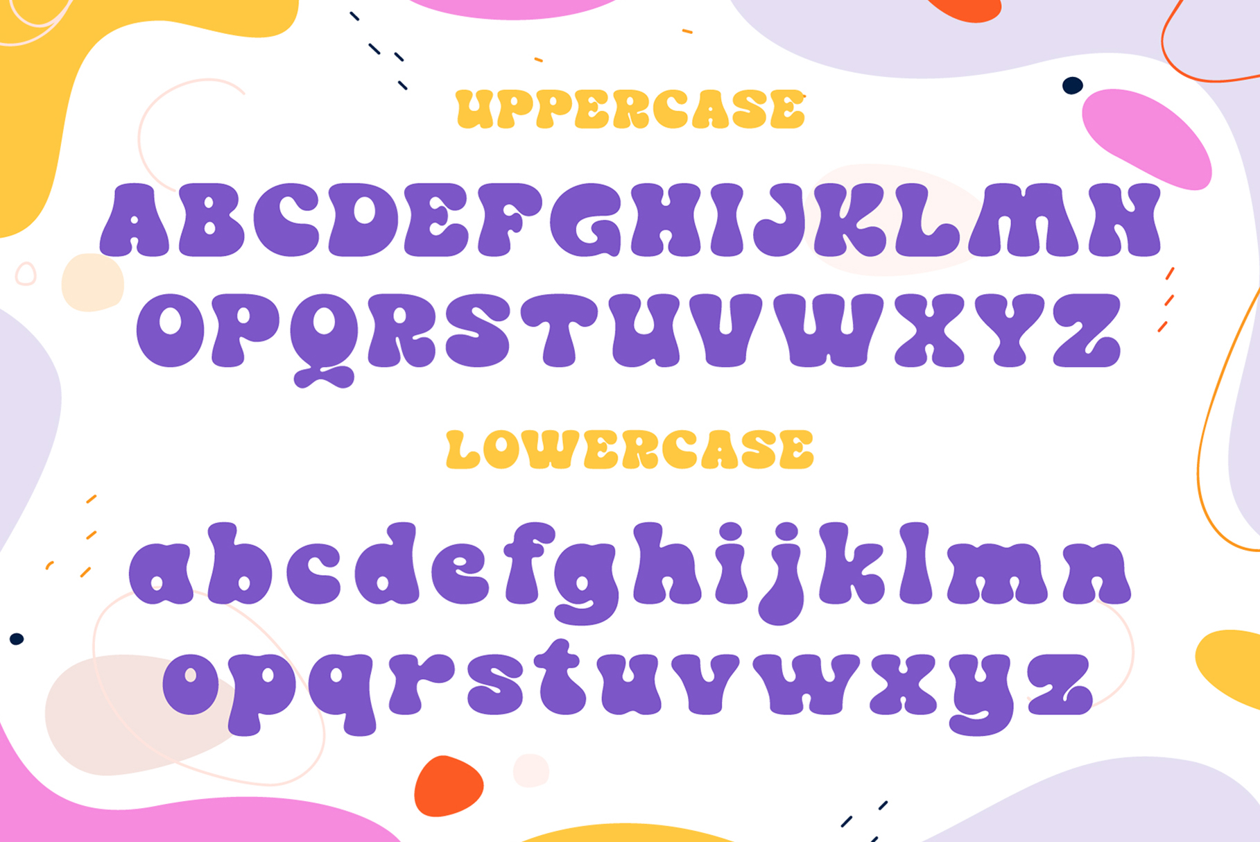 Playful purple font in upper lowercase with colorful abstract shapes background