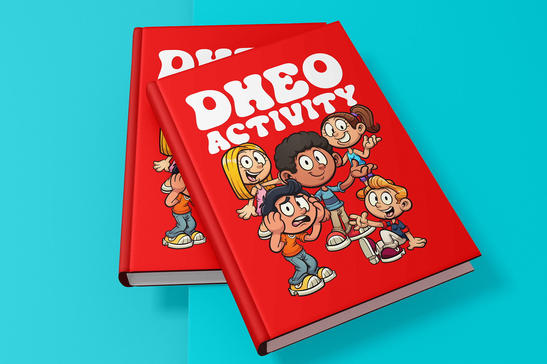 Red hardcover kids activity book with cartoon children on turquoise background