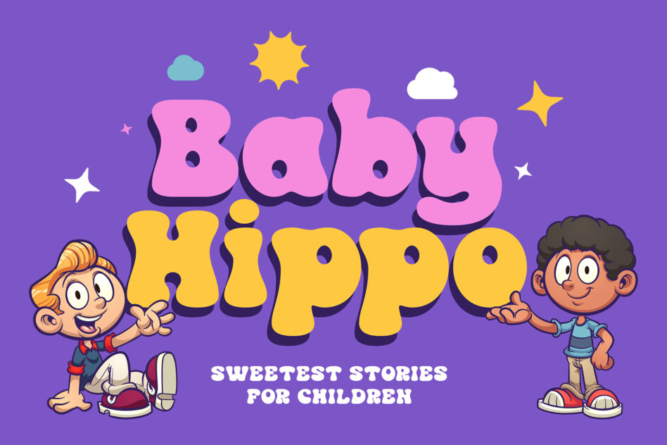 Cartoon kids on purple background with Baby Hippo title for children stories