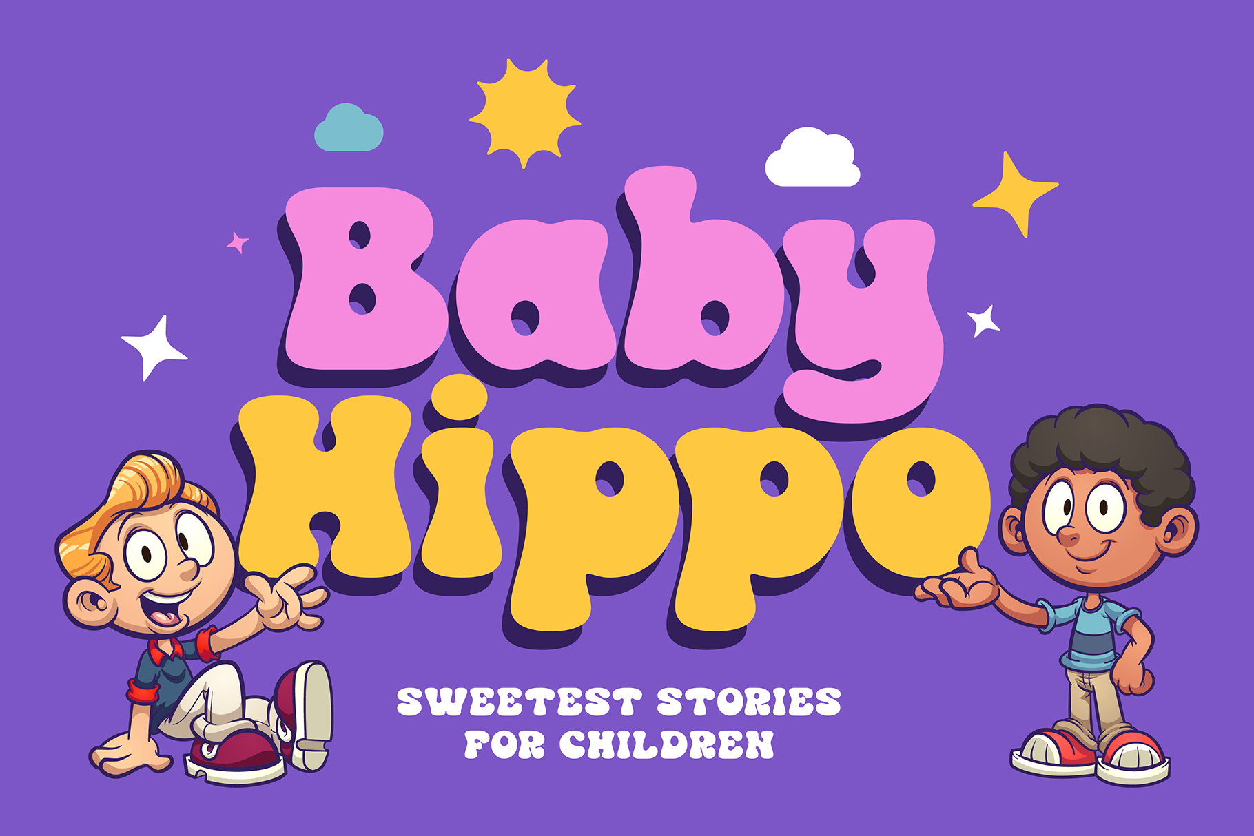 Cartoon kids on purple background with Baby Hippo title for children stories