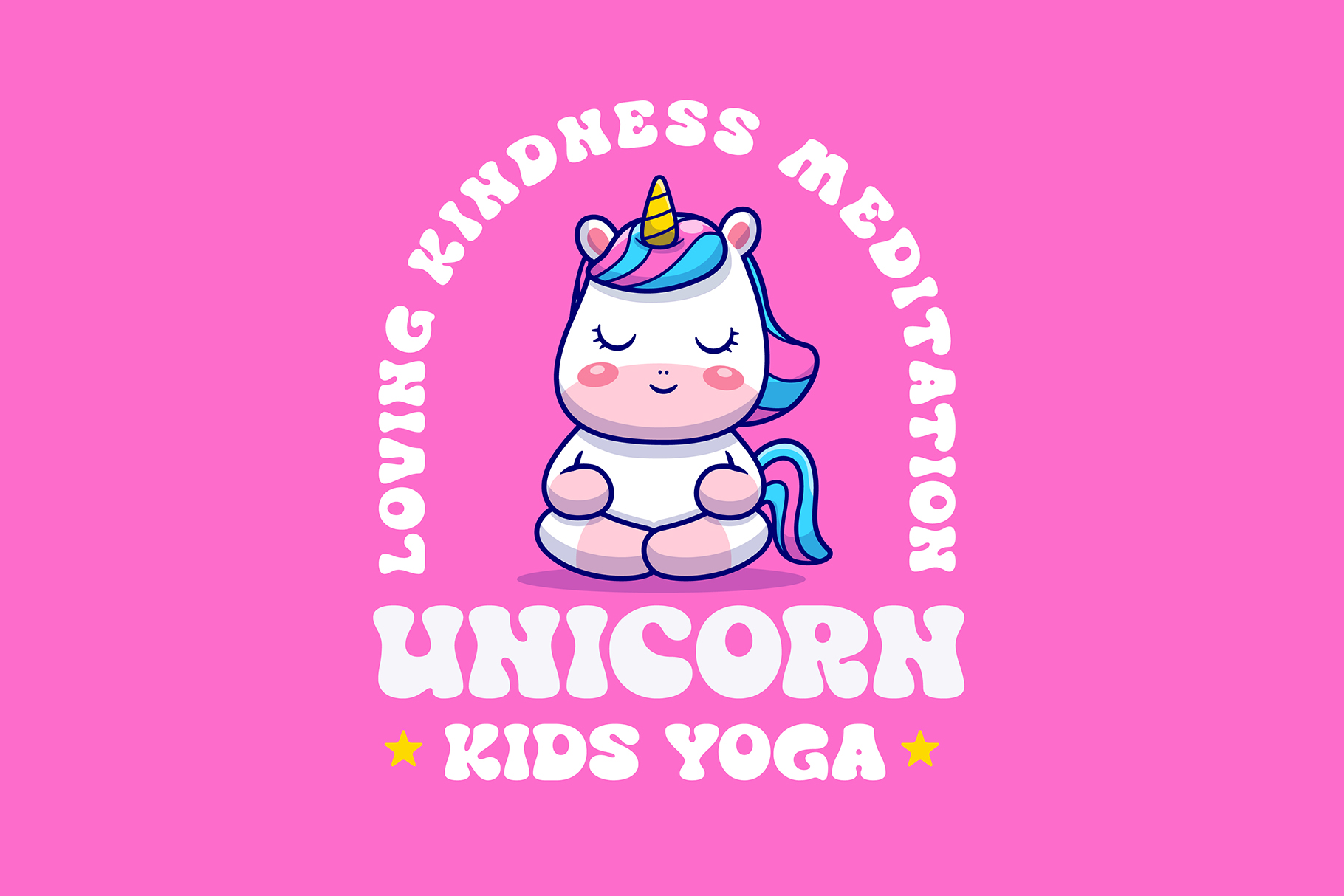 Cute unicorn logo centered with Loving Kindness Meditation Kids Yoga text pink