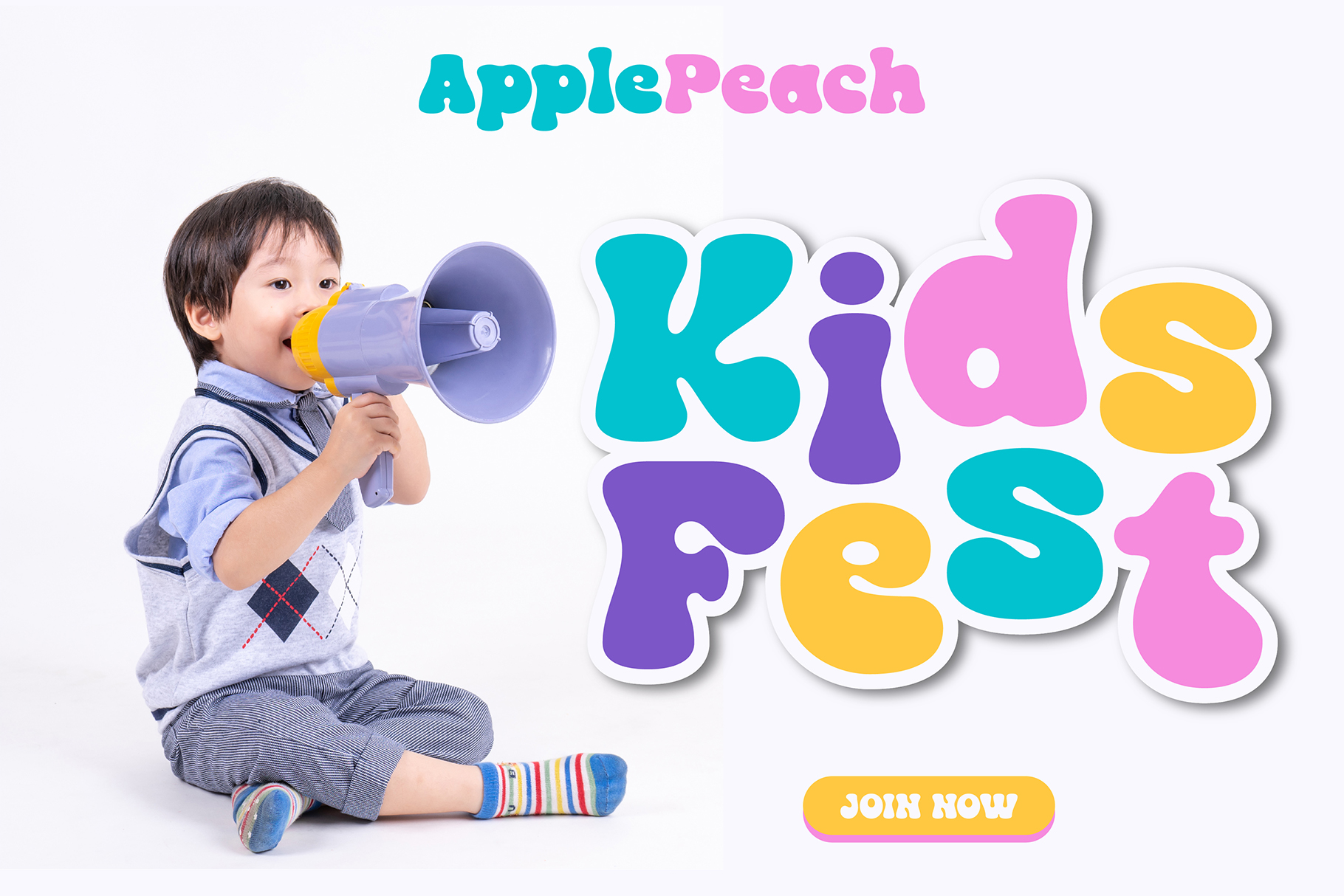 Boy with megaphone next to colorful kids festival bubble letters on white