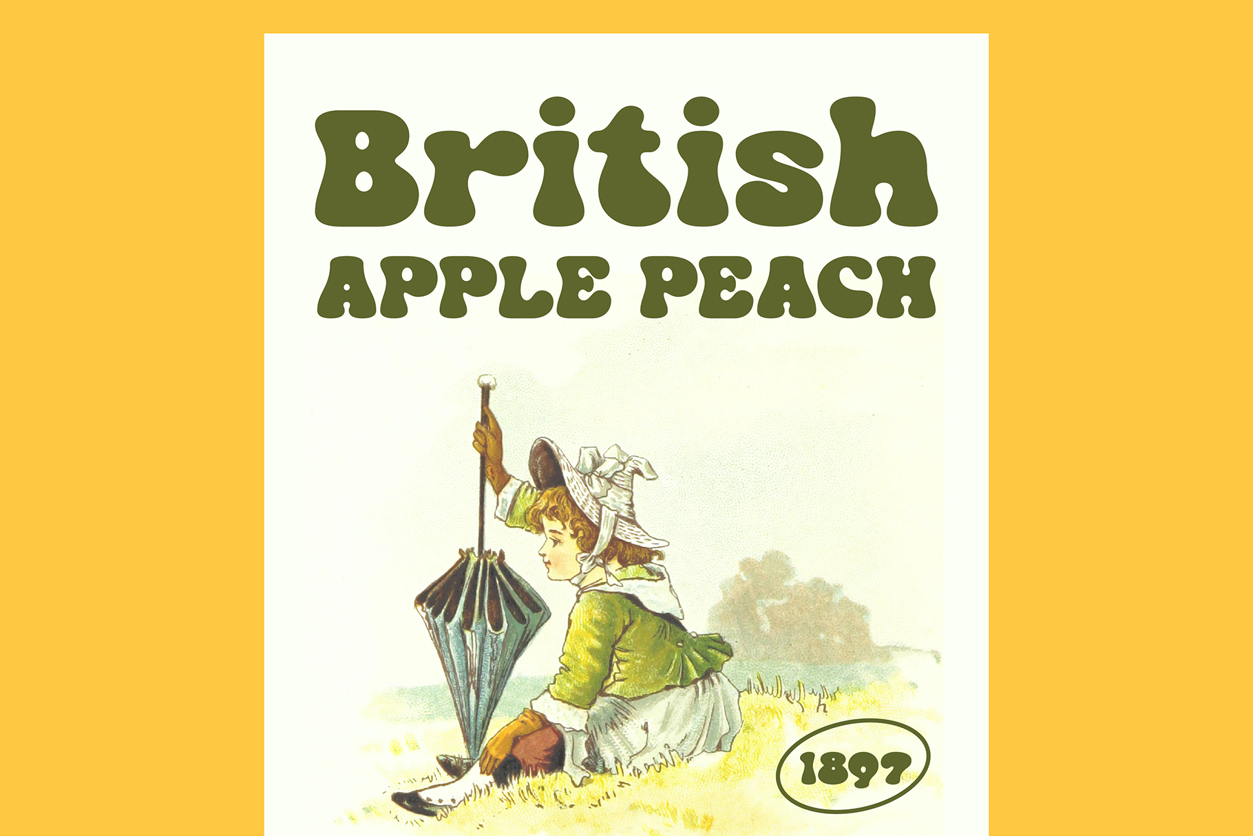 Vintage 1897 British Apple Peach label with woman holding umbrella illustration