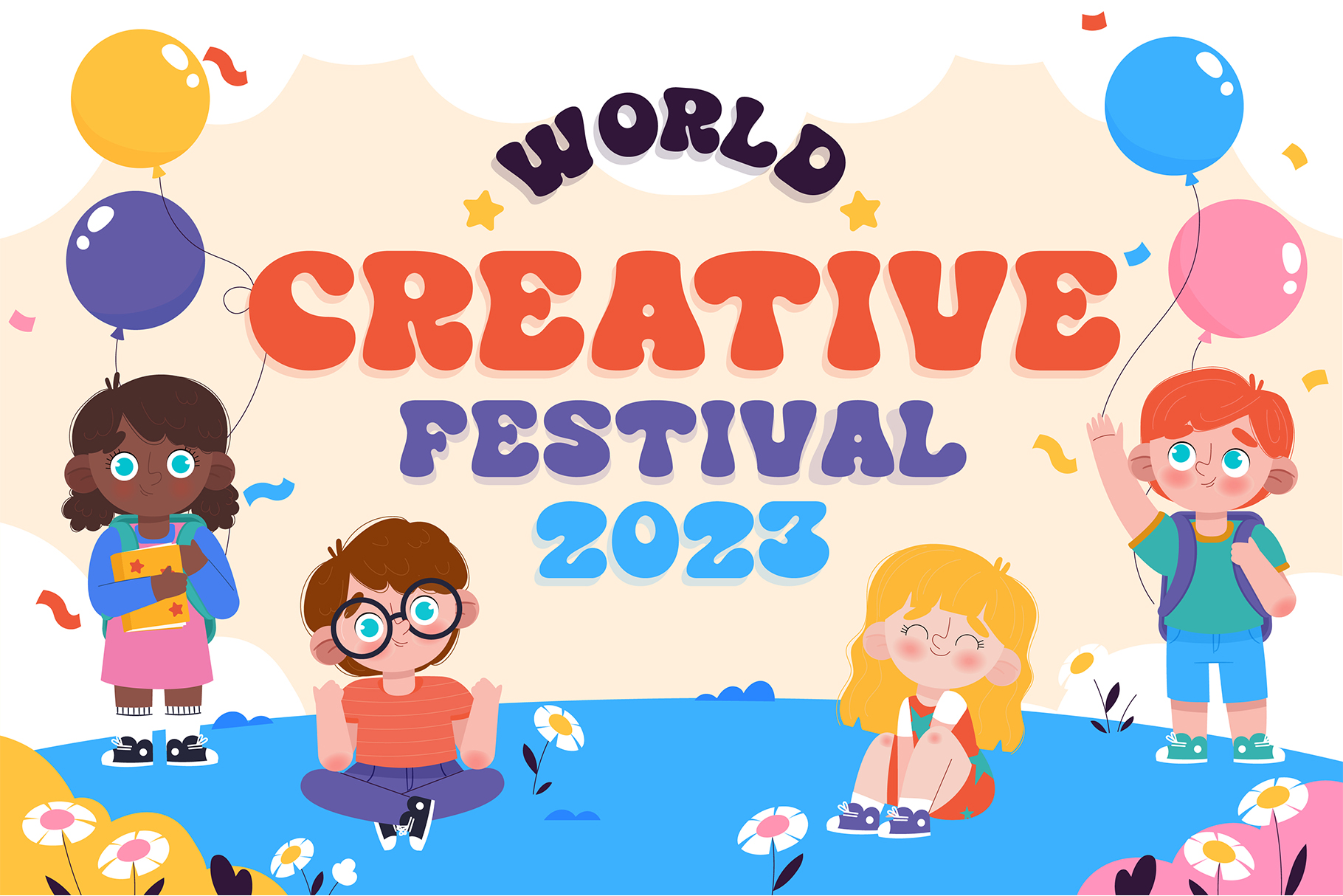 Kids celebrating with balloons, stars, flowers for World Creative Festival 2023