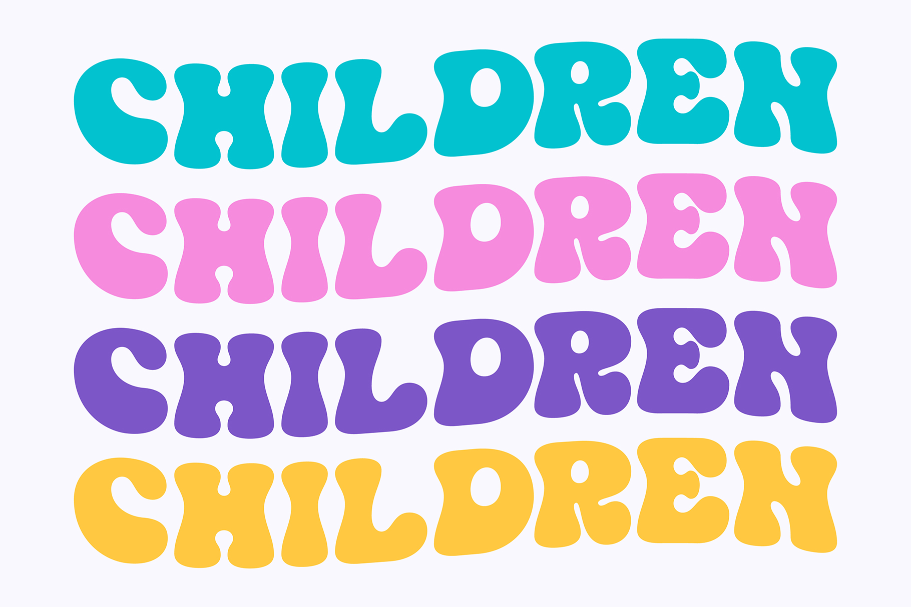 Playful bubble letters spelling Child Shier in turquoise, pink, purple, yellow